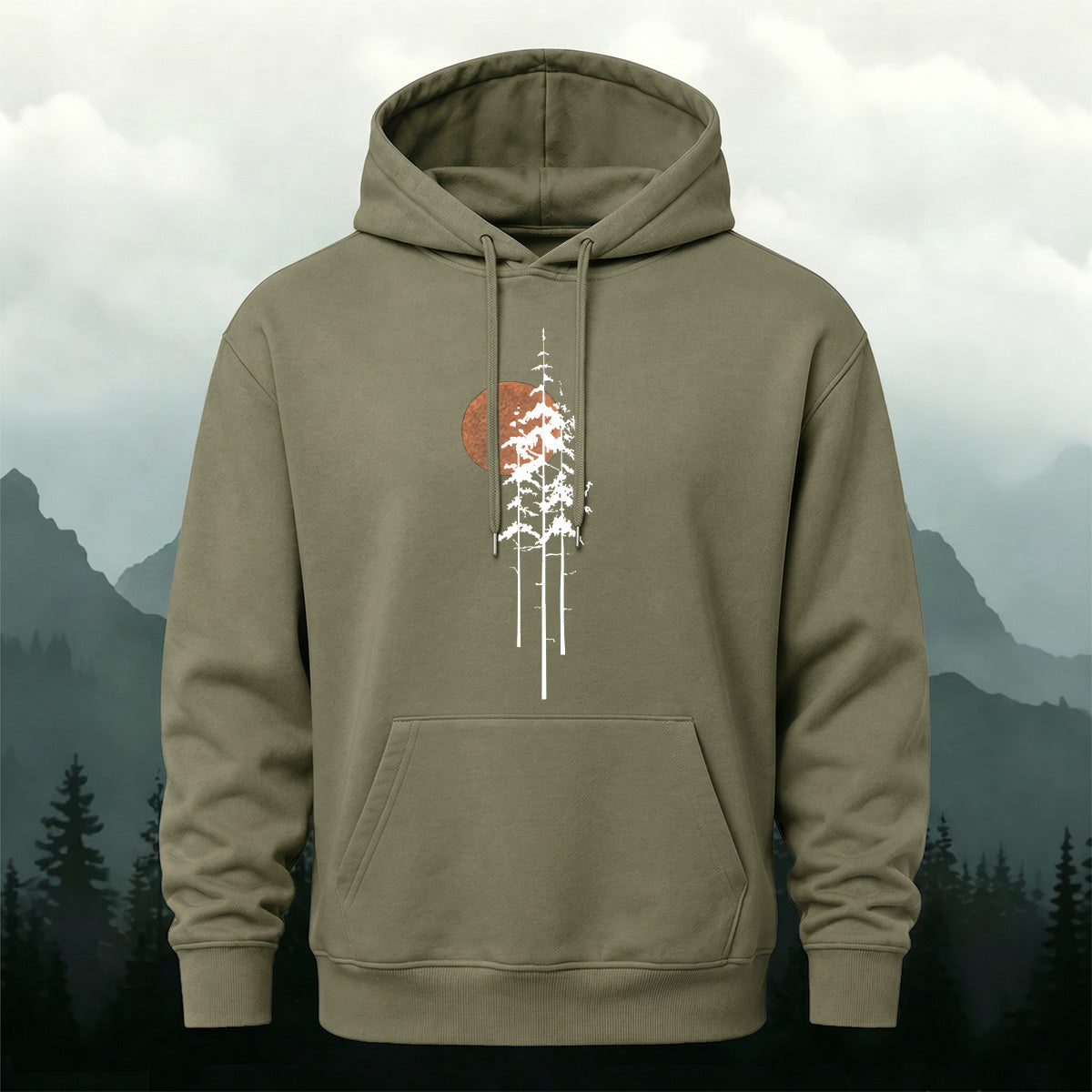Cotton Made Tree Silhouettes Round Sun Print Hoodie