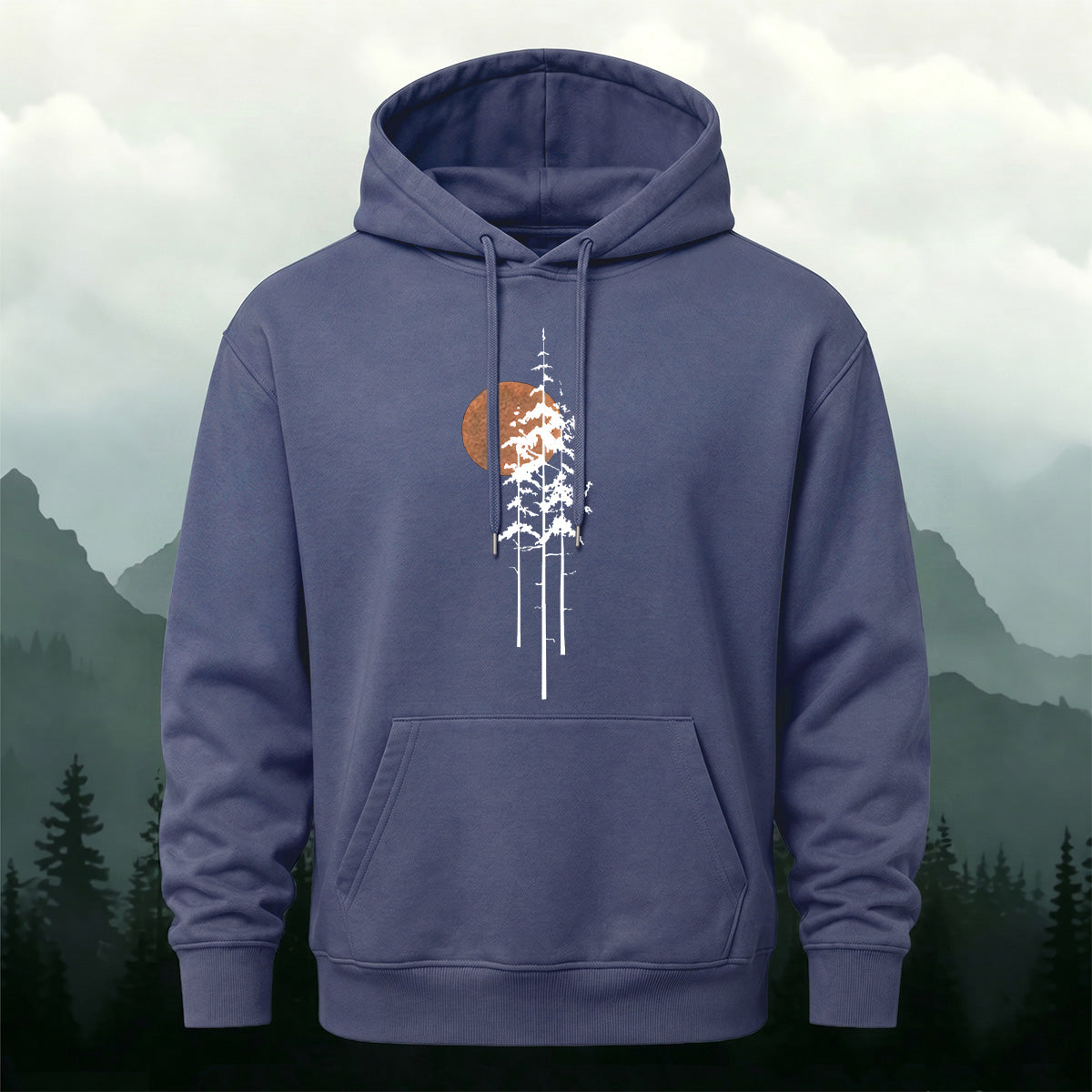 Cotton Made Tree Silhouettes Round Sun Print Hoodie