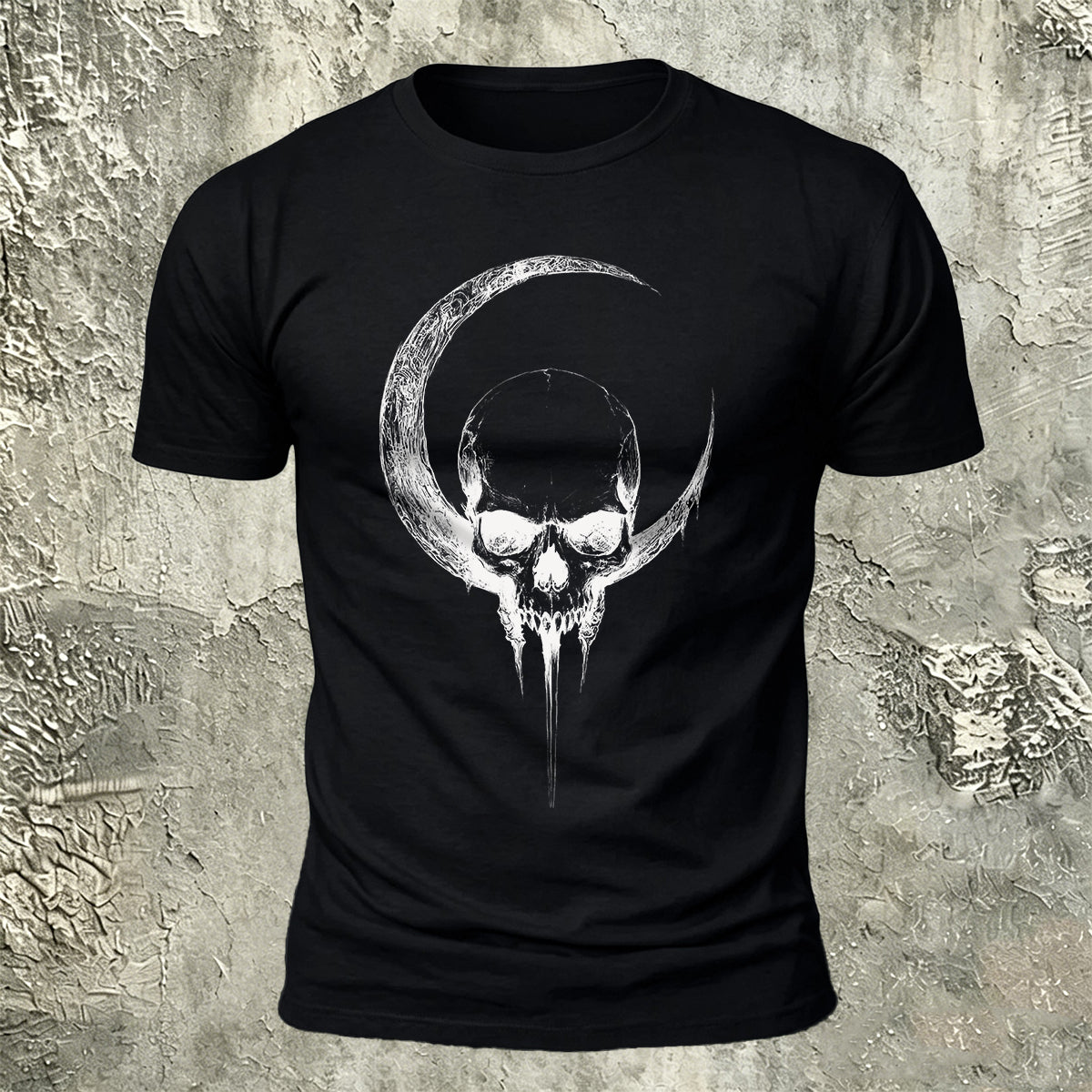 Crescent Moon Encircling Skull Print Soft Cotton Tee
