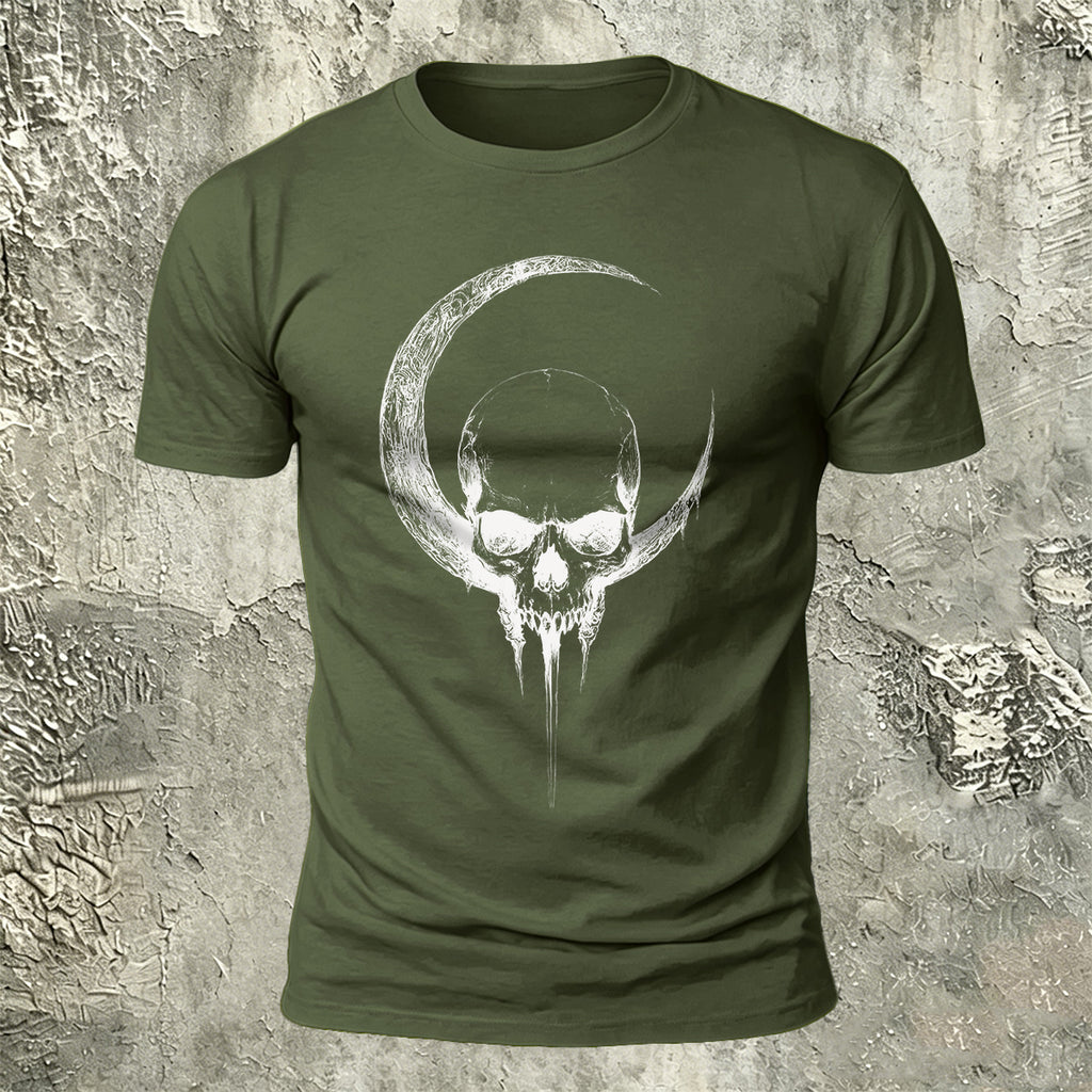 Crescent Moon Encircling Skull Print Soft Cotton Tee