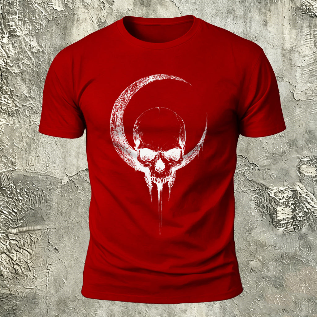 Crescent Moon Encircling Skull Print Soft Cotton Tee