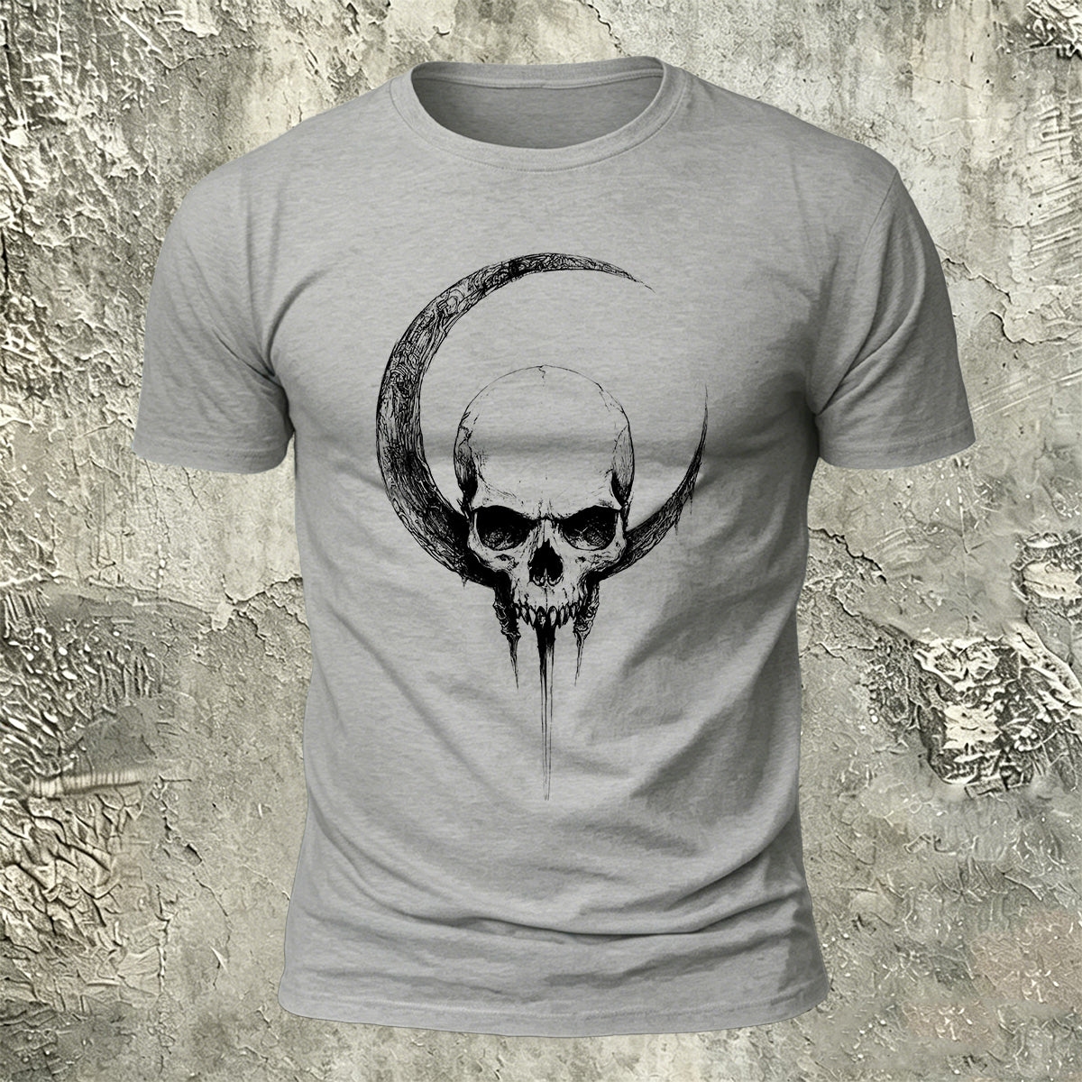 Crescent Moon Encircling Skull Print Soft Cotton Tee