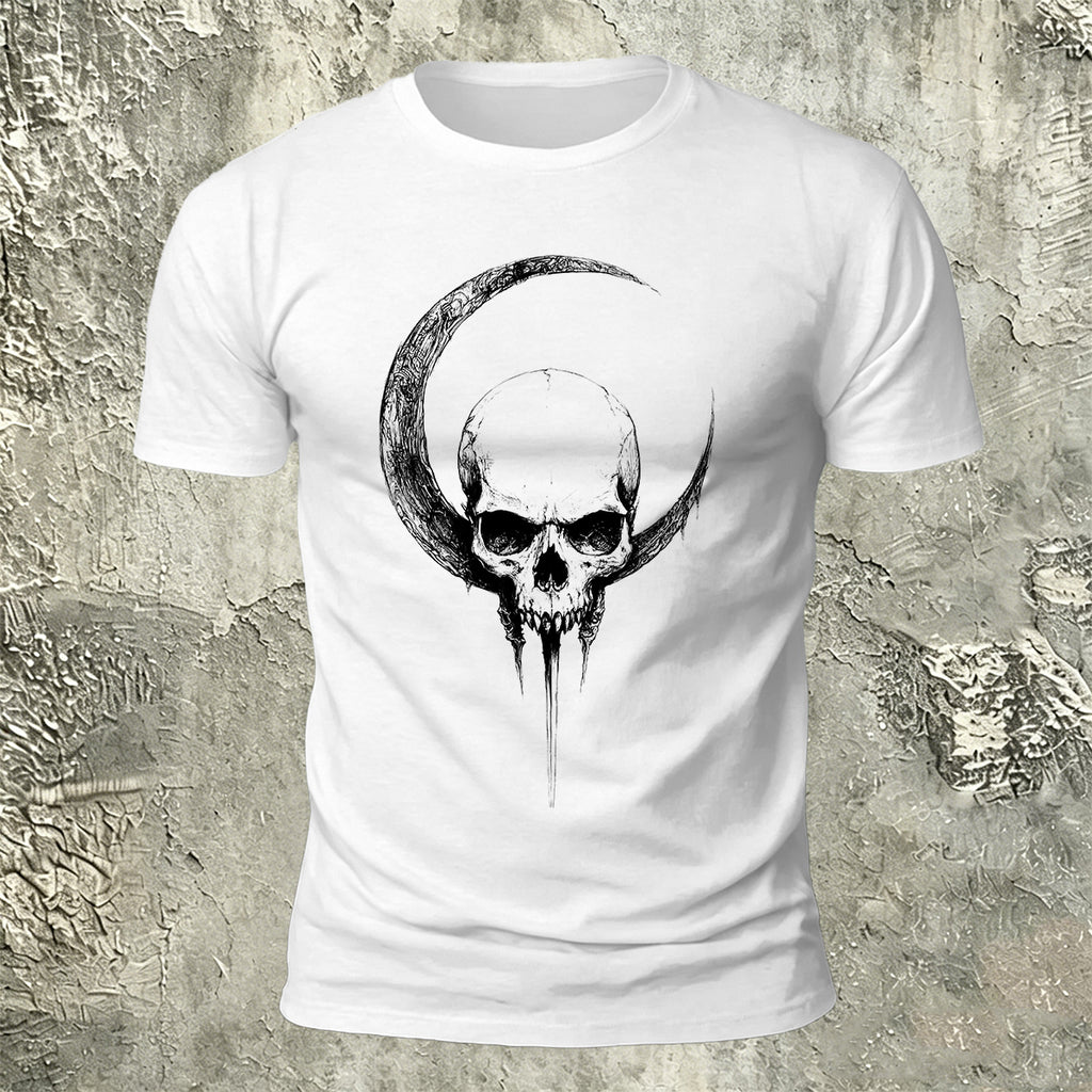 Crescent Moon Encircling Skull Print Soft Cotton Tee