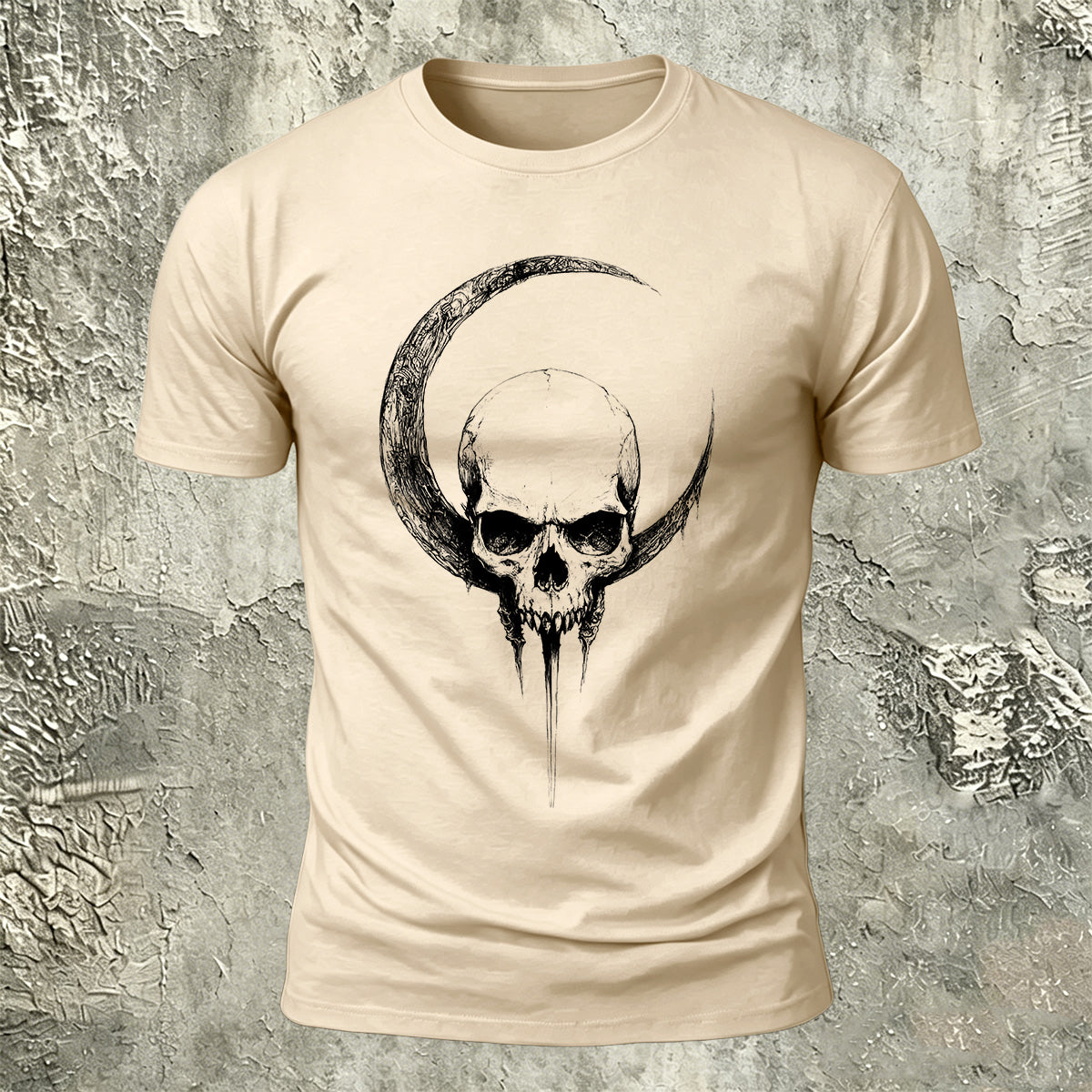 Crescent Moon Encircling Skull Print Soft Cotton Tee