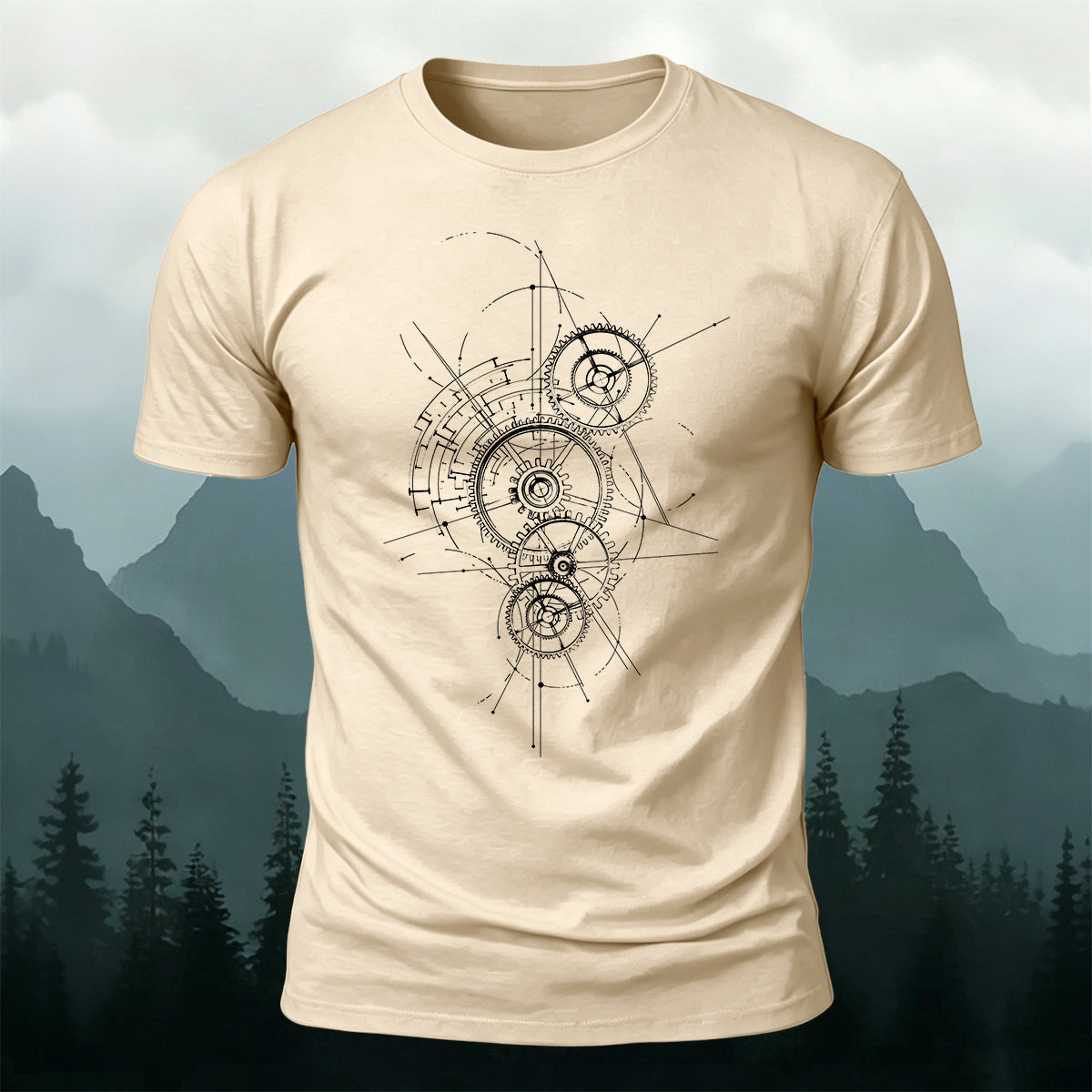 Gear-Print Casual Soft Cotton T-Shirt