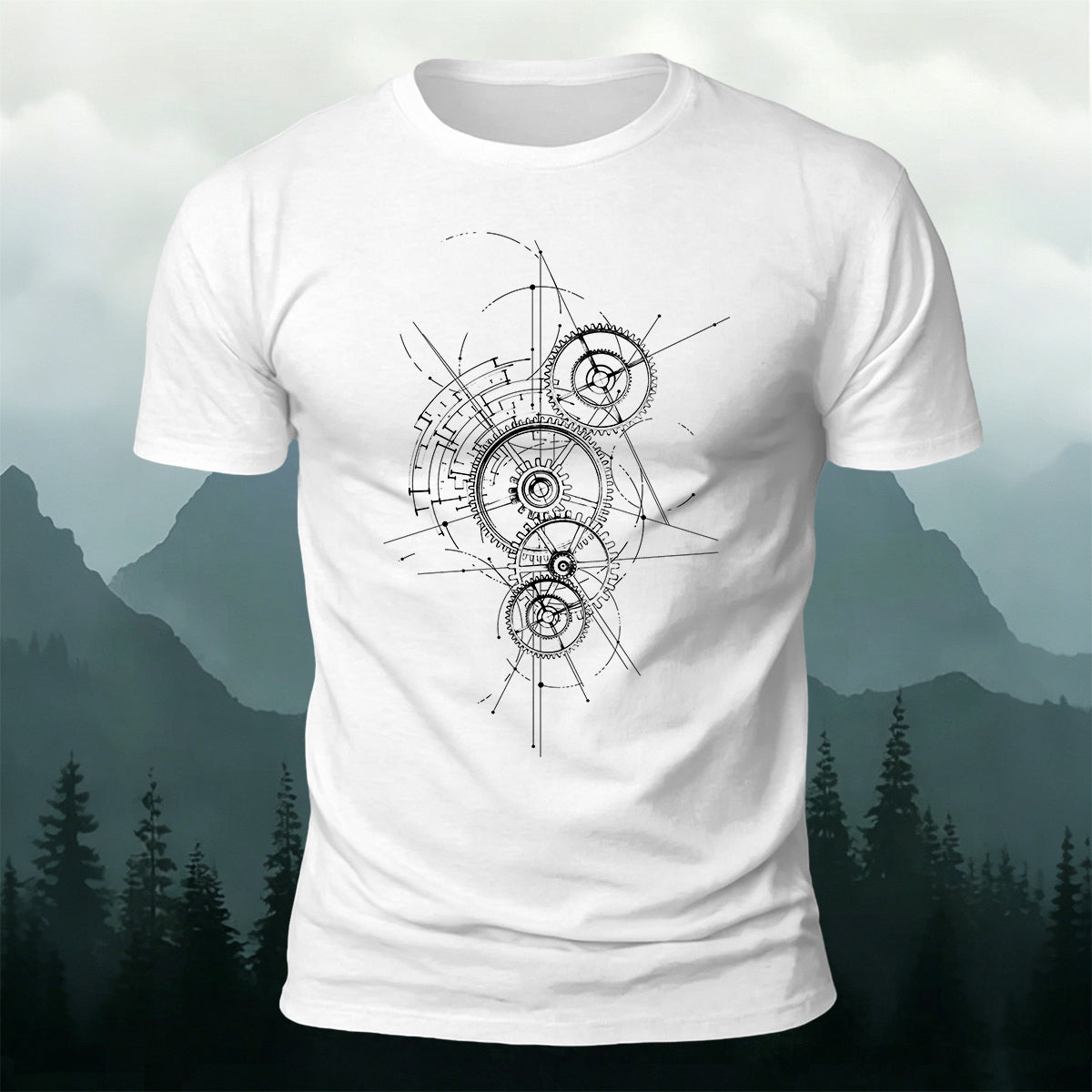 Gear-Print Casual Soft Cotton T-Shirt