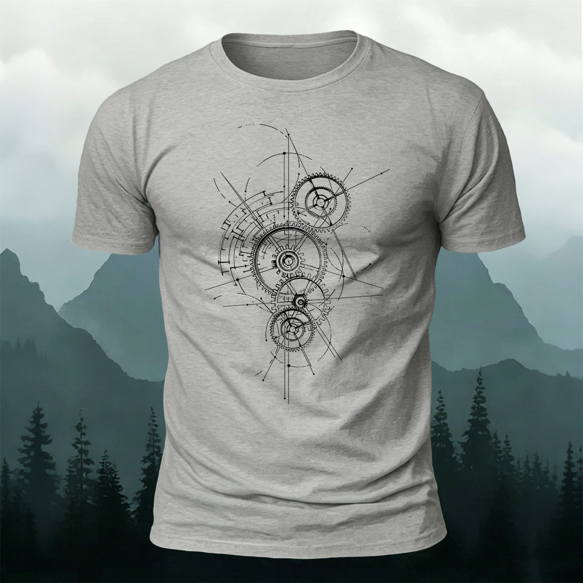 Gear-Print Casual Soft Cotton T-Shirt