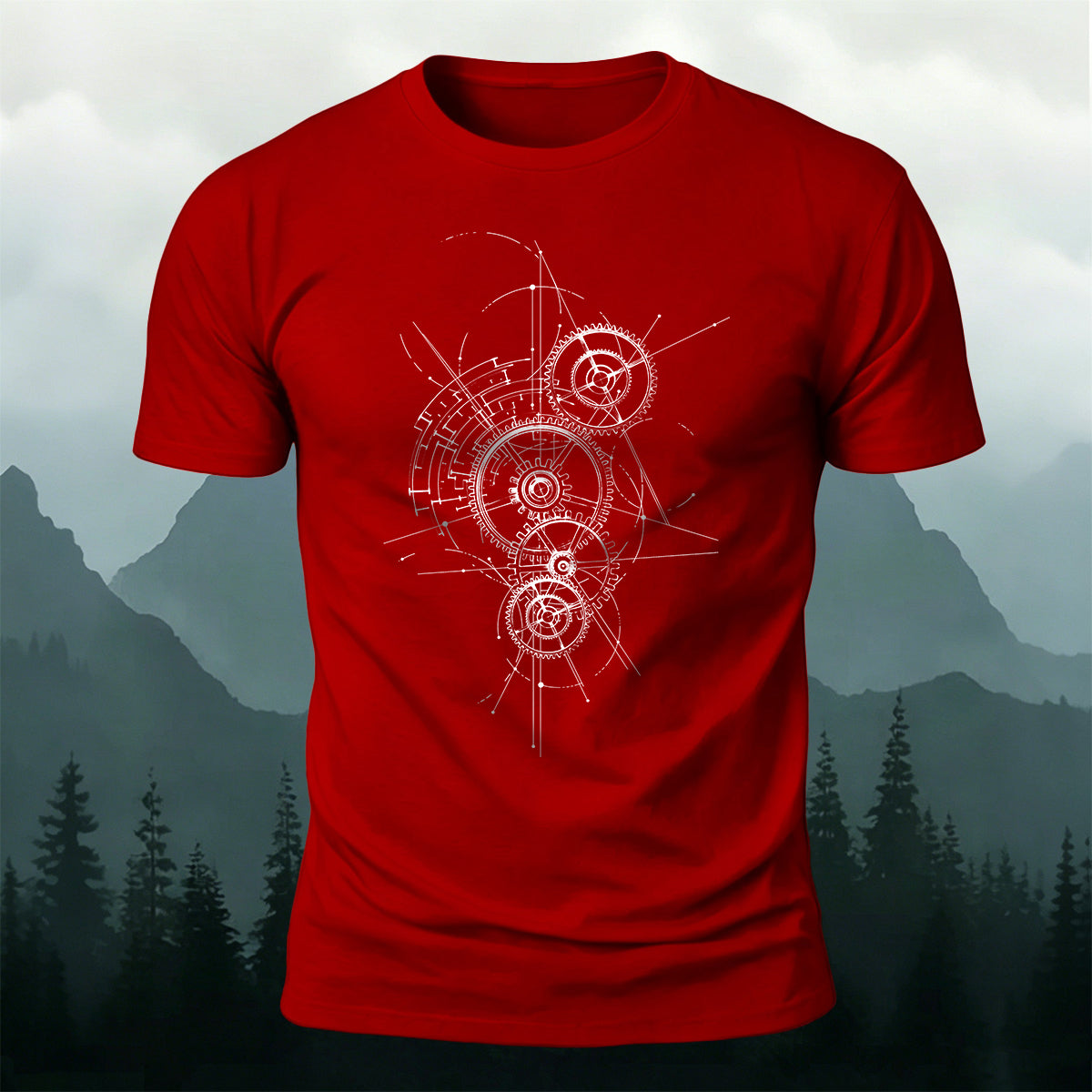 Gear-Print Casual Soft Cotton T-Shirt