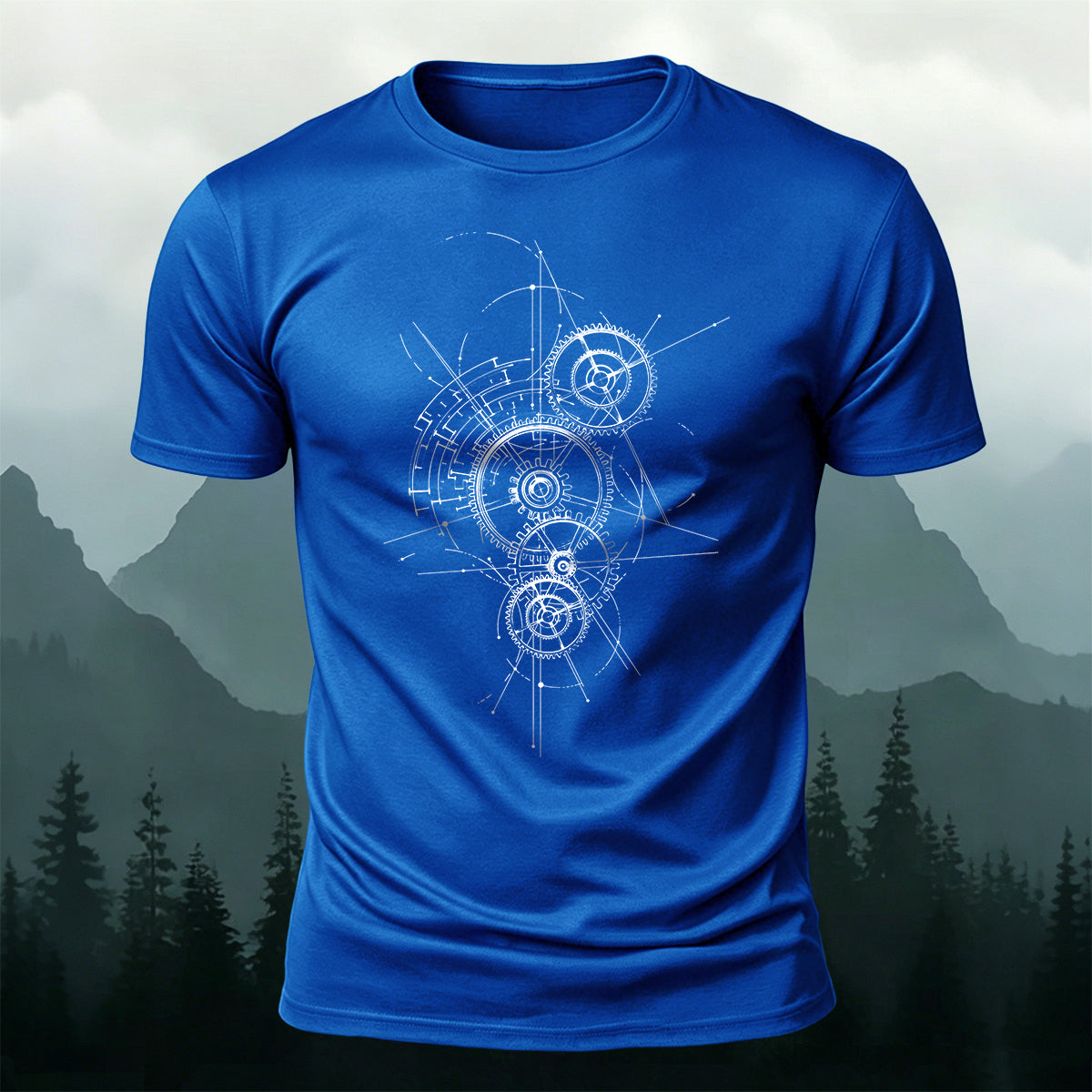 Gear-Print Casual Soft Cotton T-Shirt