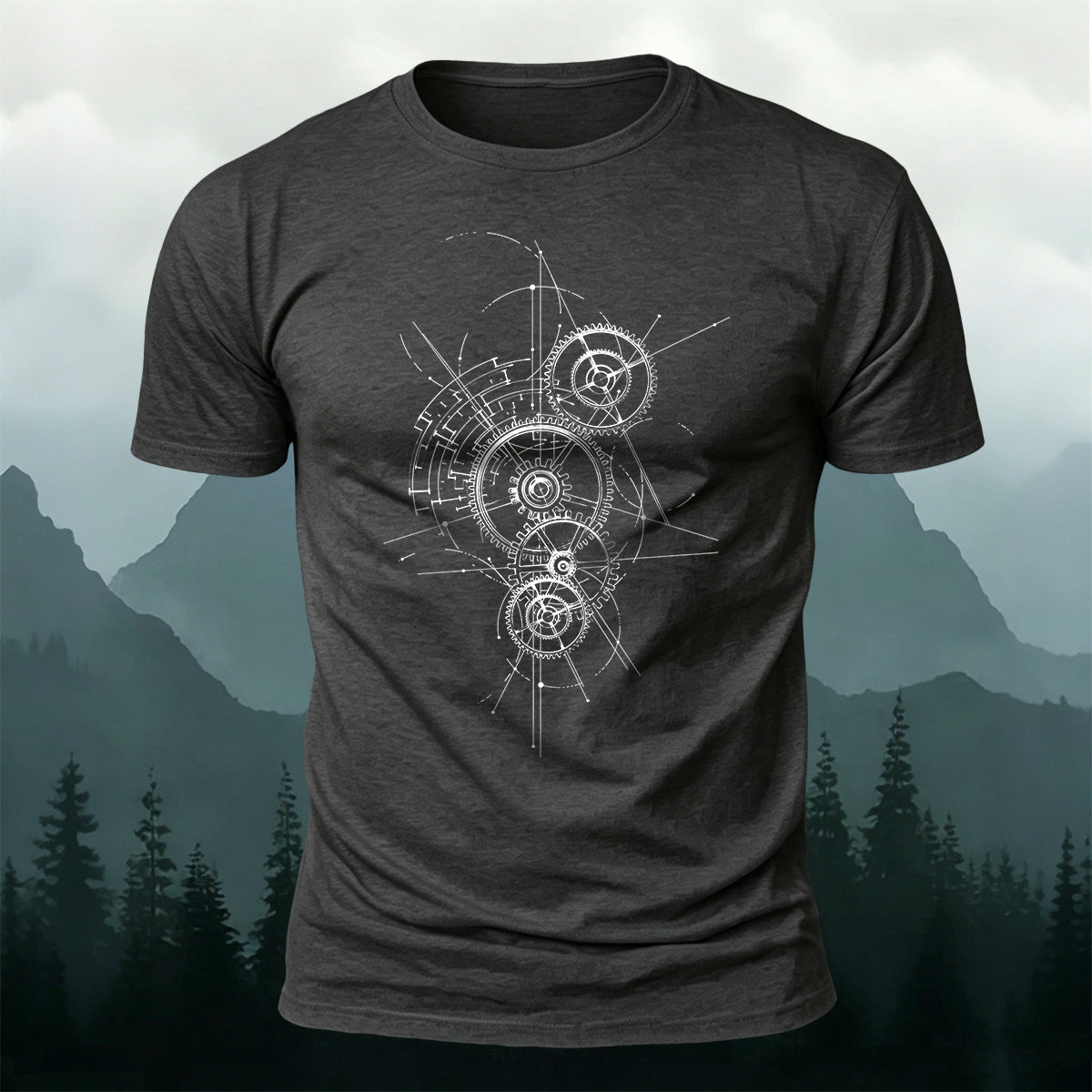 Gear-Print Casual Soft Cotton T-Shirt
