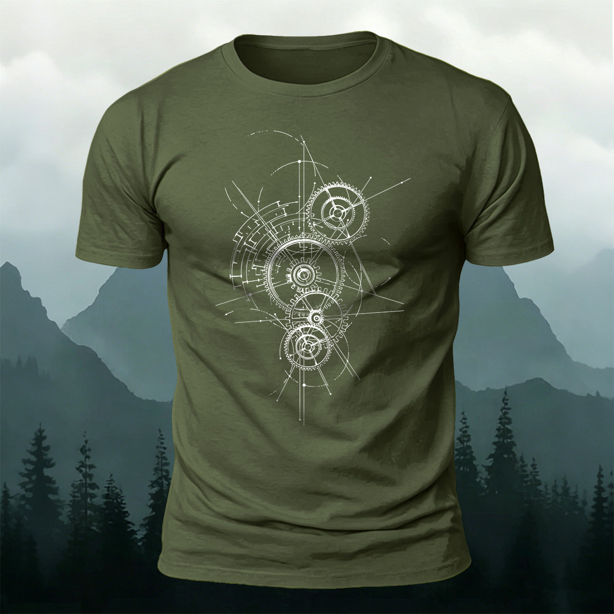 Gear-Print Casual Soft Cotton T-Shirt