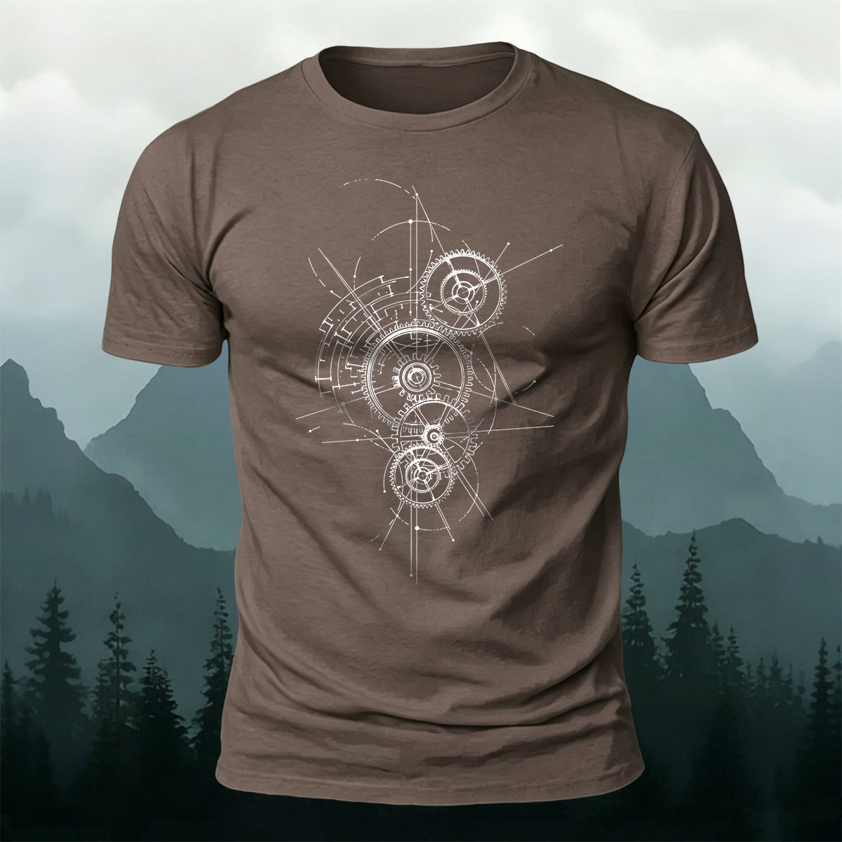 Gear-Print Casual Soft Cotton T-Shirt