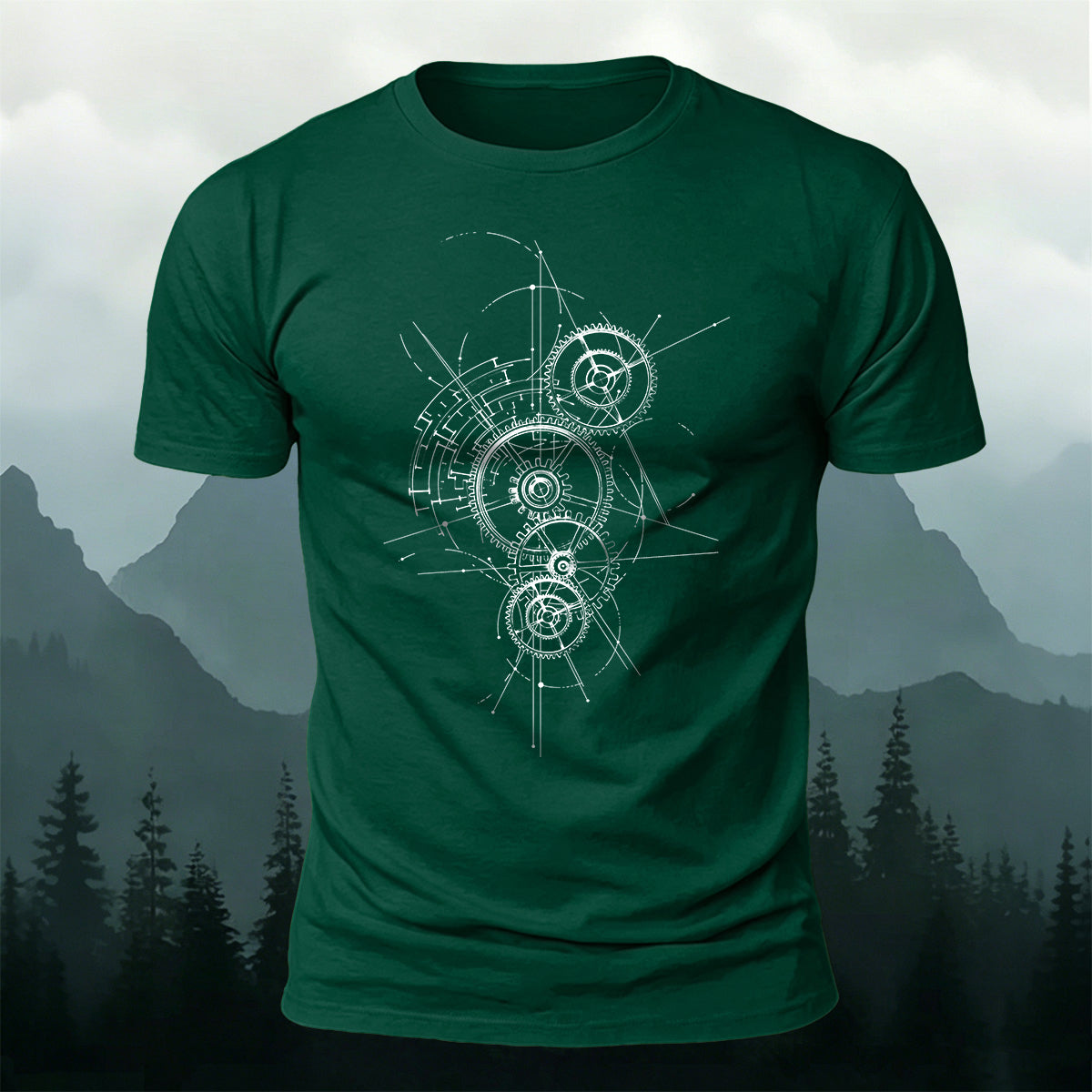 Gear-Print Casual Soft Cotton T-Shirt