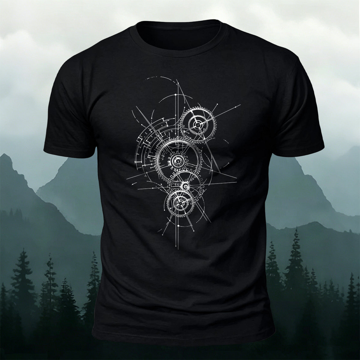 Gear-Print Casual Soft Cotton T-Shirt