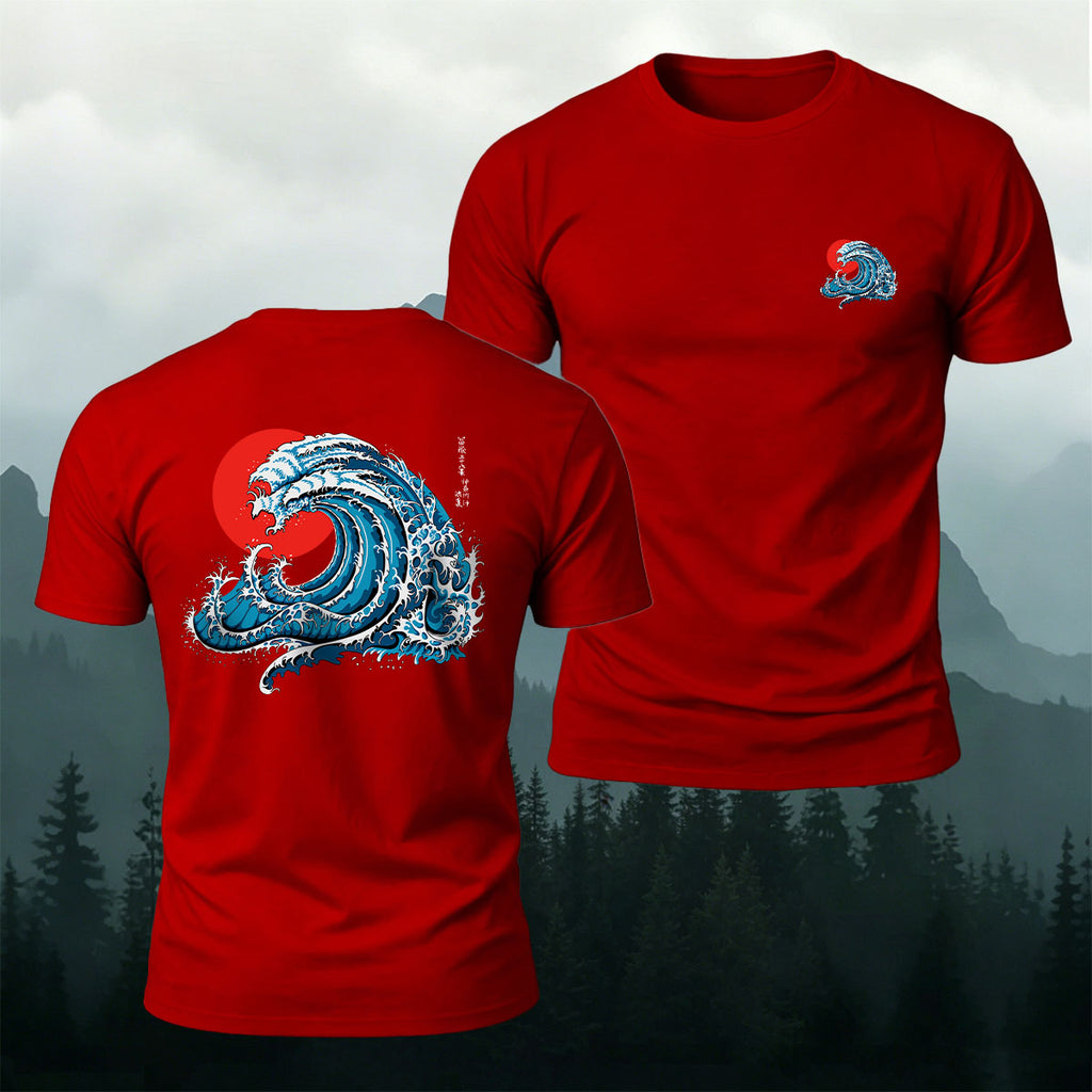 Waves and Red Sun Printed Casual Soft Cotton T-Shirt