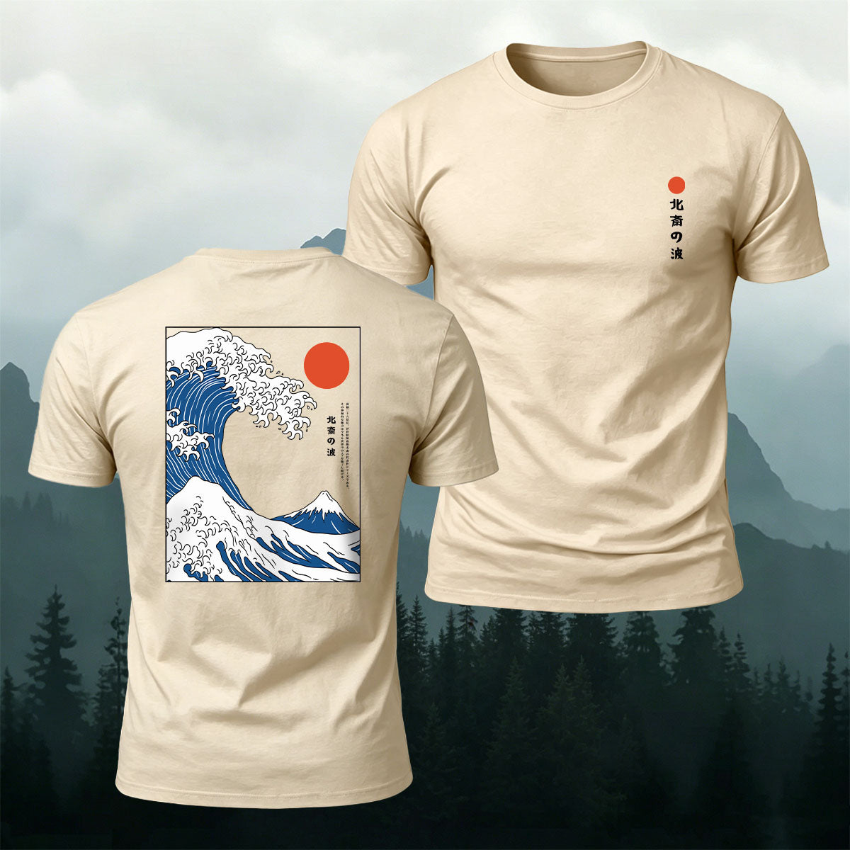 Red Sun Giant Wave Print Casual Cotton T-Shirt