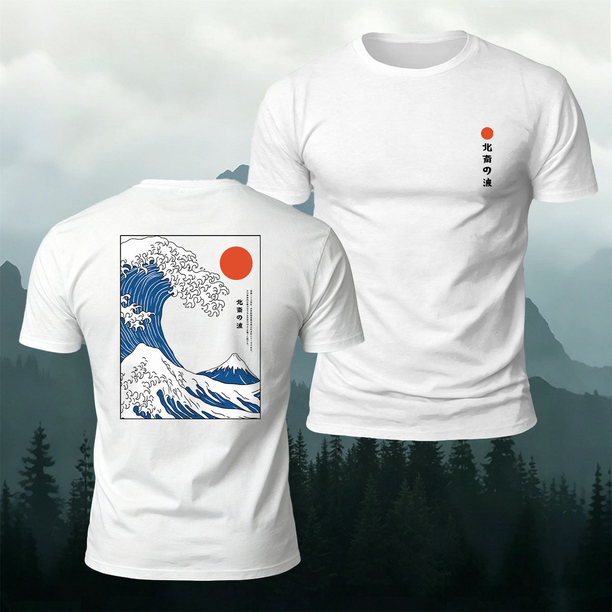 Red Sun Giant Wave Print Casual Cotton T-Shirt