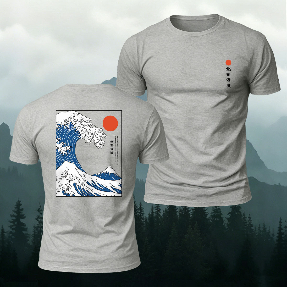 Red Sun Giant Wave Print Casual Cotton T-Shirt