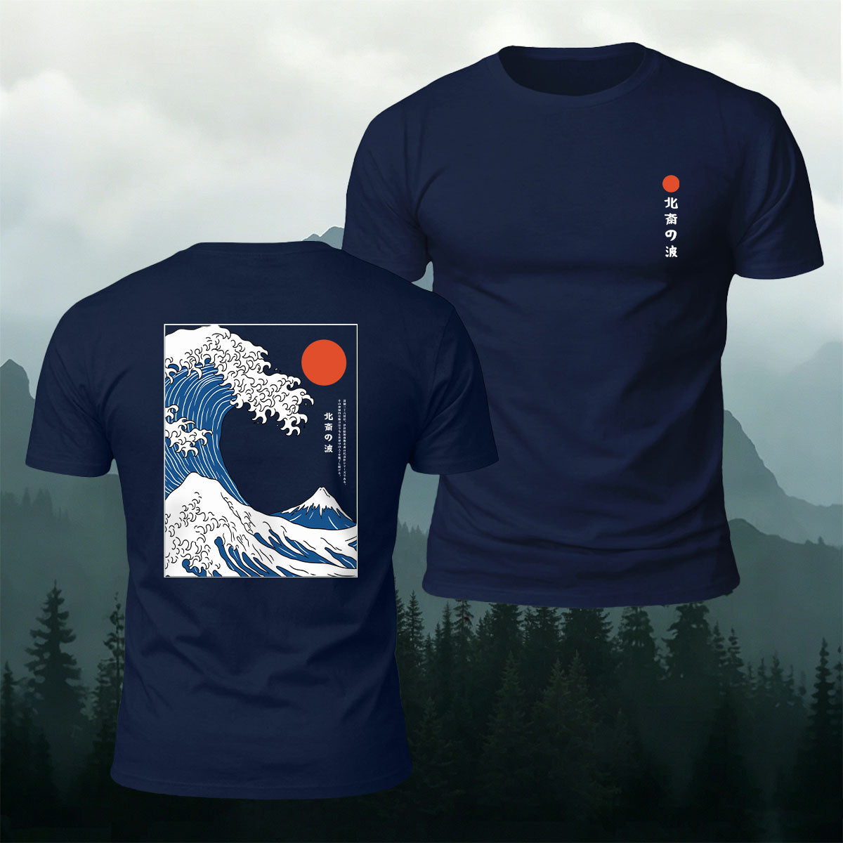 Red Sun Giant Wave Print Casual Cotton T-Shirt