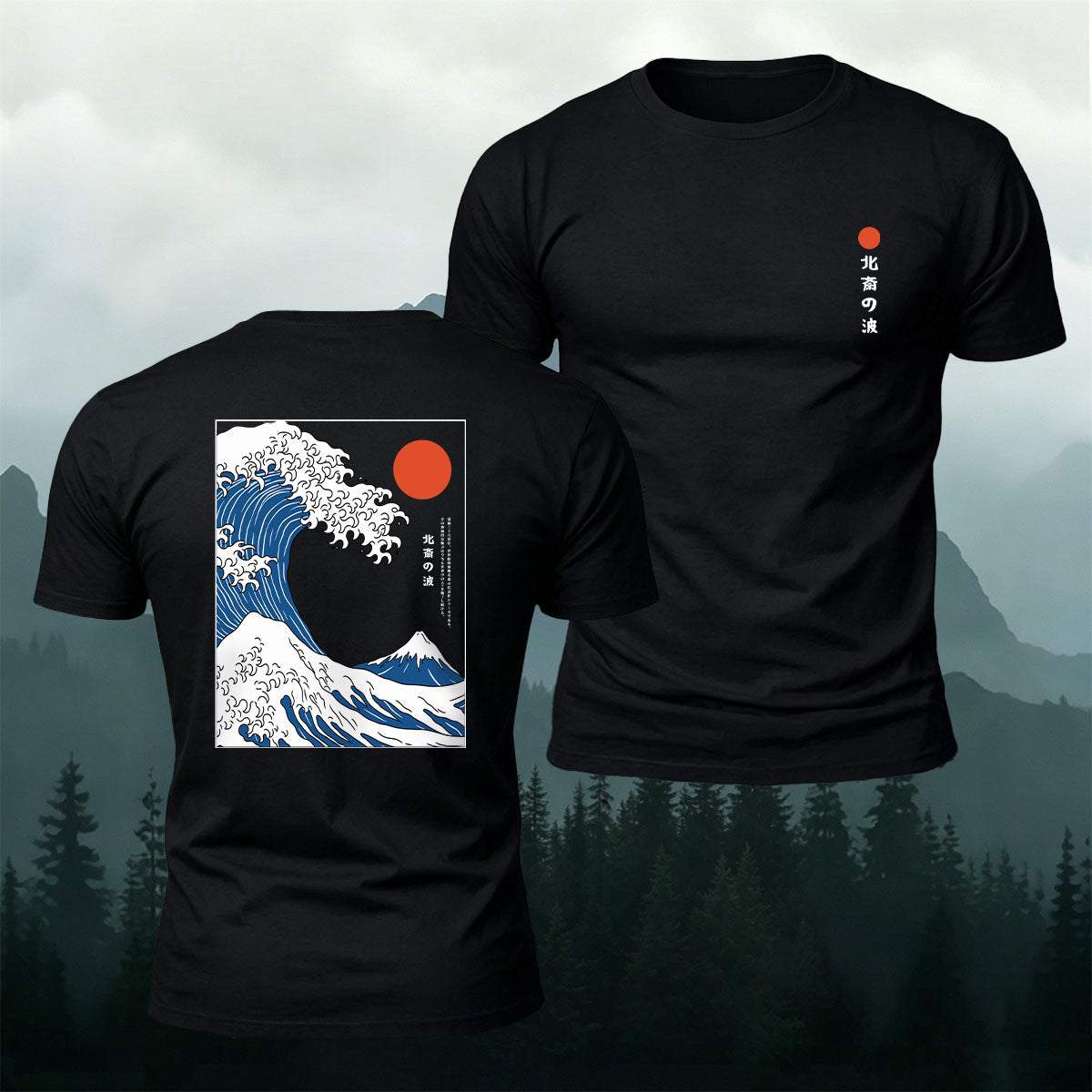 Red Sun Giant Wave Print Casual Cotton T-Shirt