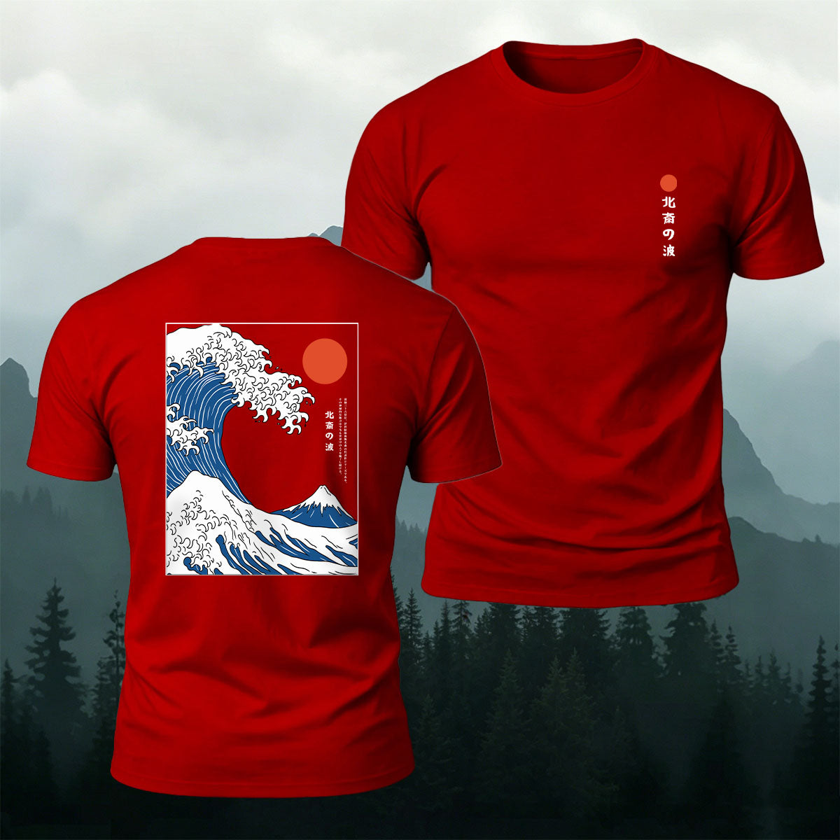 Red Sun Giant Wave Print Casual Cotton T-Shirt