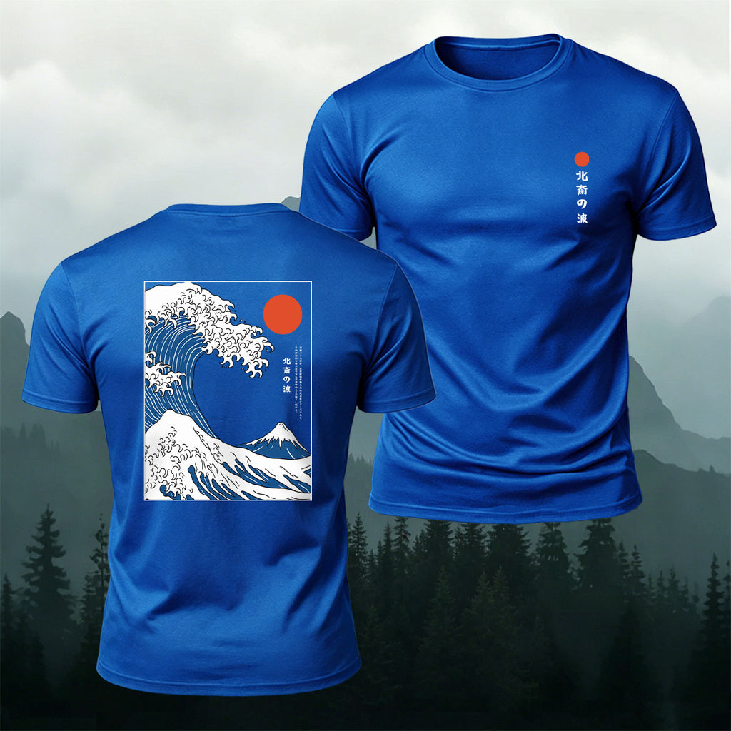 Red Sun Giant Wave Print Casual Cotton T-Shirt