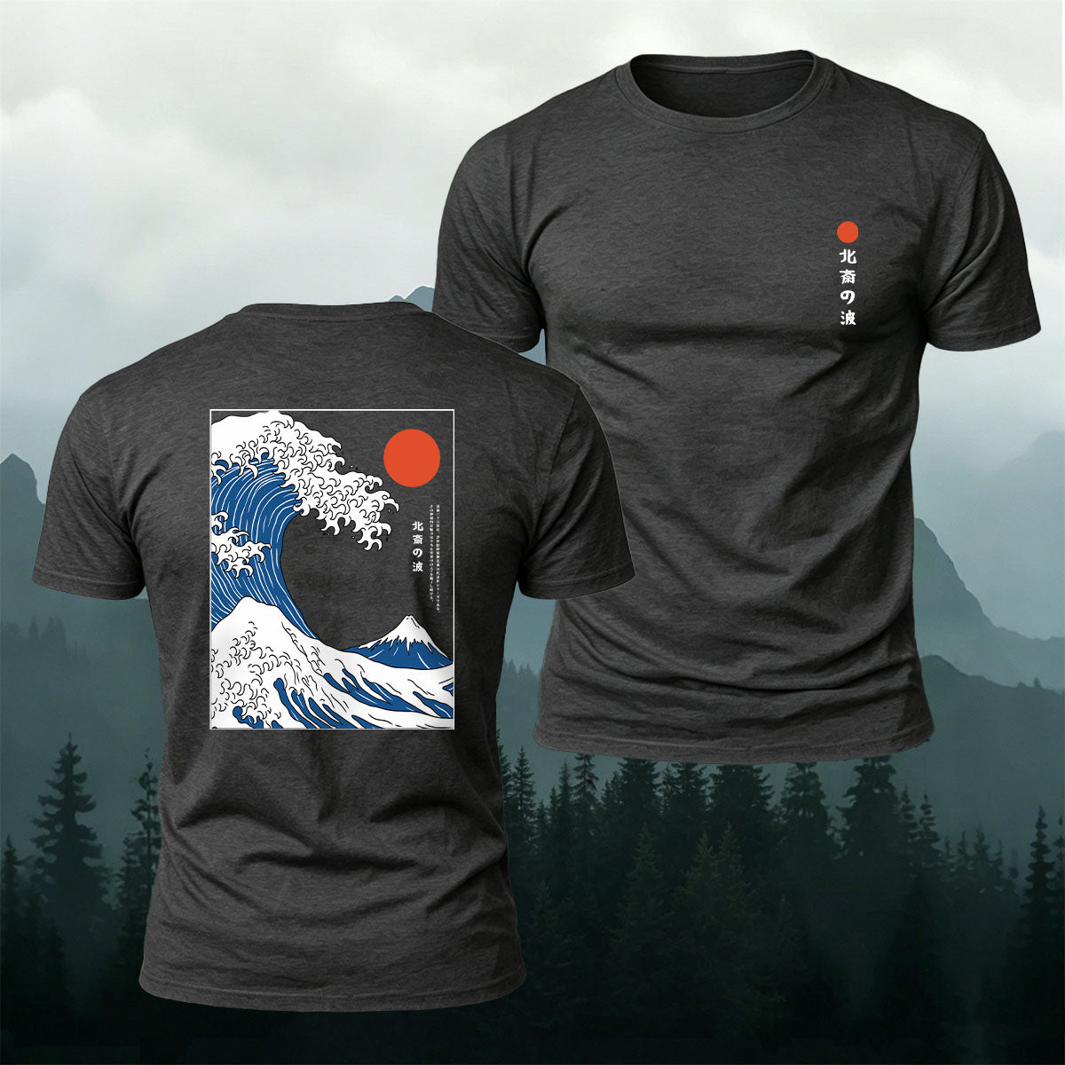 Red Sun Giant Wave Print Casual Cotton T-Shirt