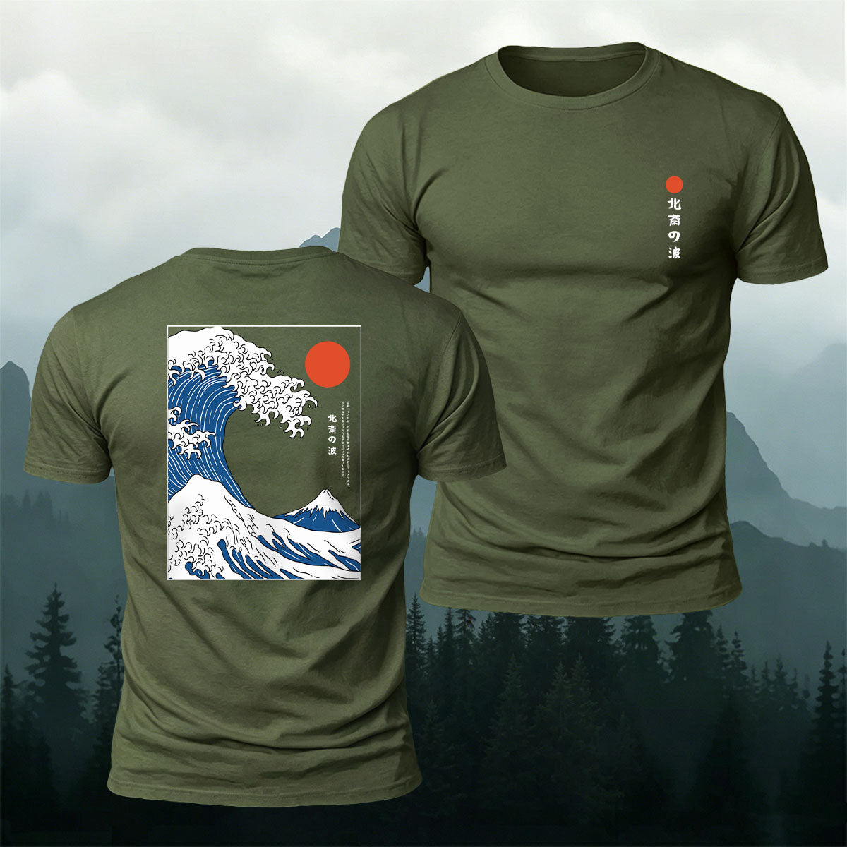 Red Sun Giant Wave Print Casual Cotton T-Shirt