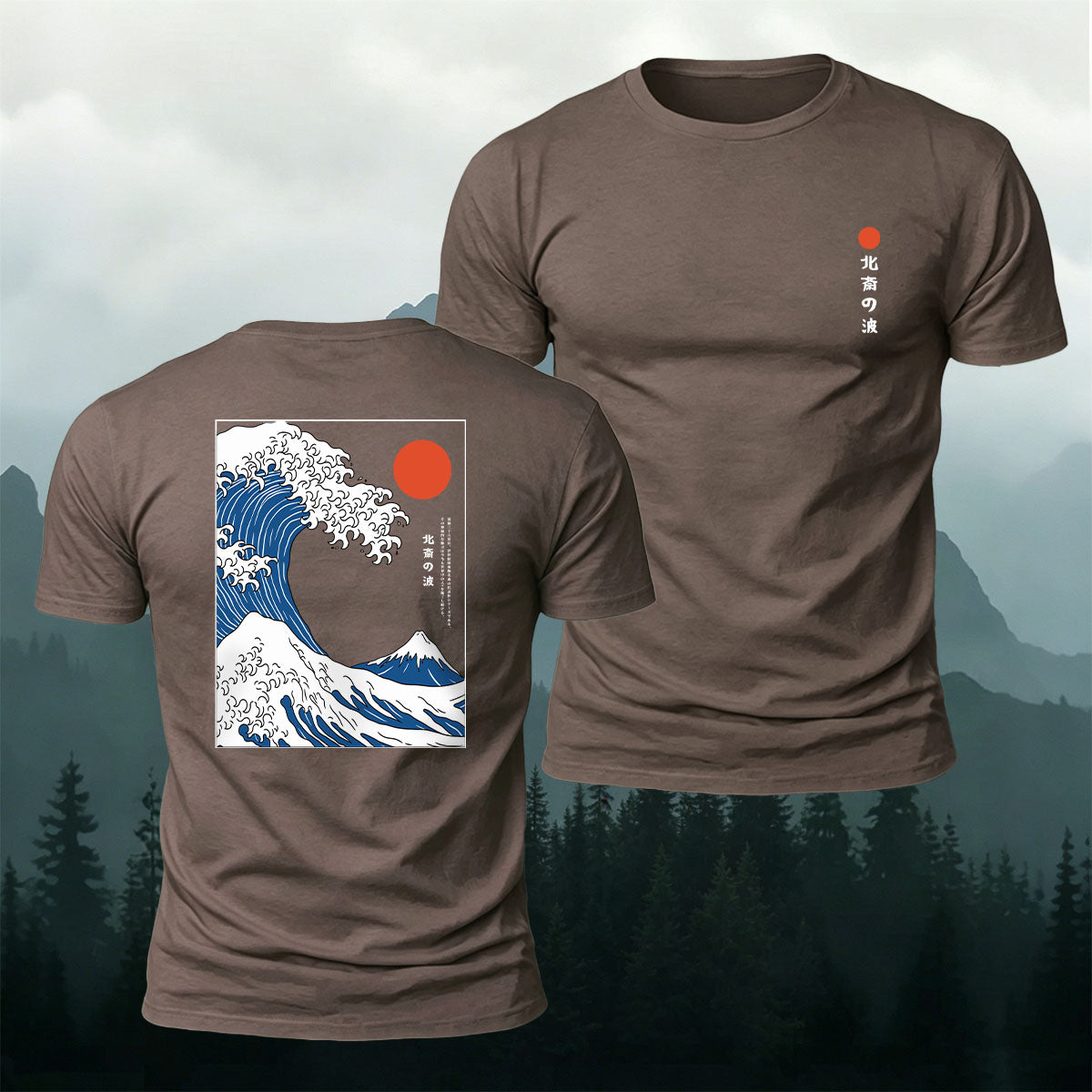 Red Sun Giant Wave Print Casual Cotton T-Shirt