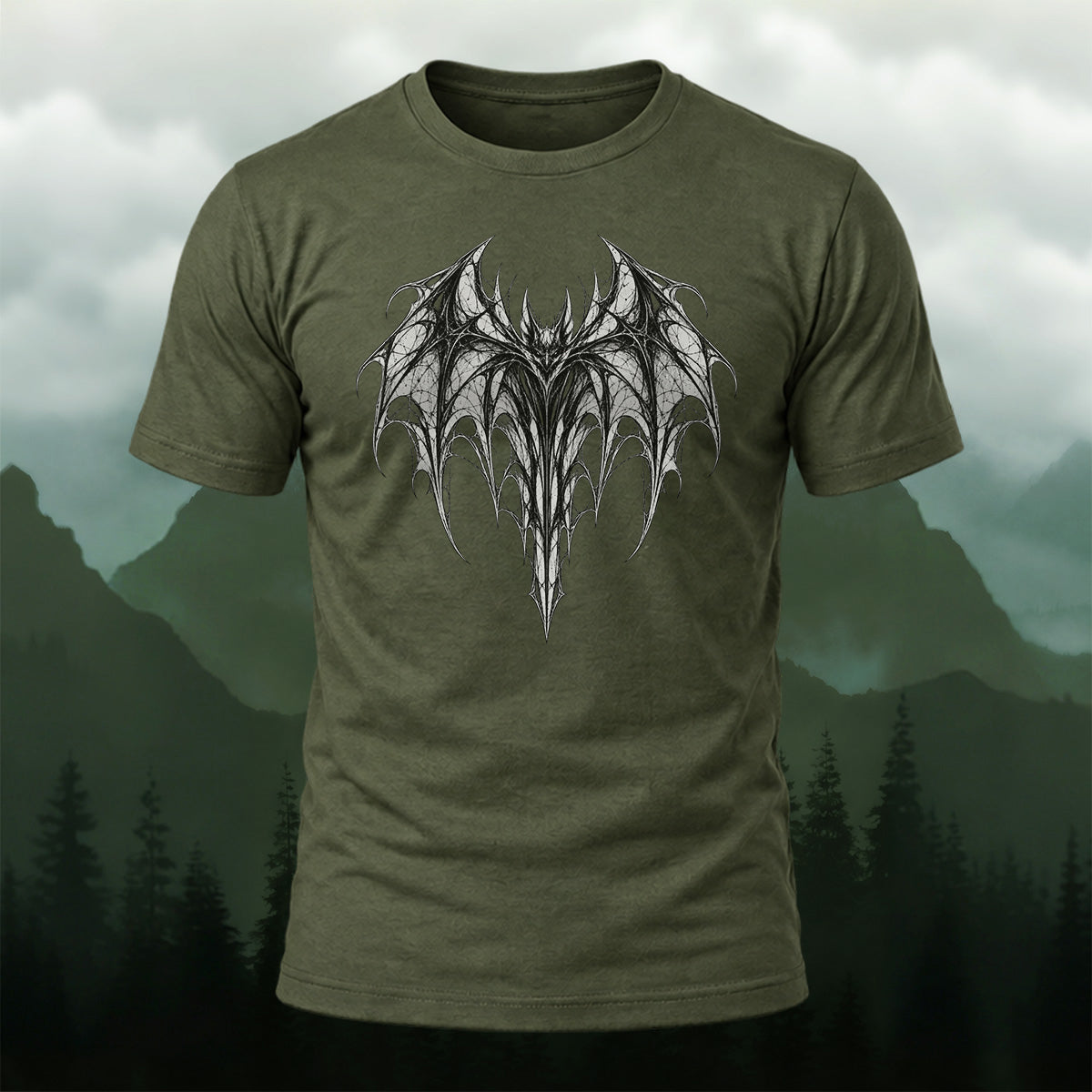 Dark Ornate Winged Combed Cotton T-Shirt