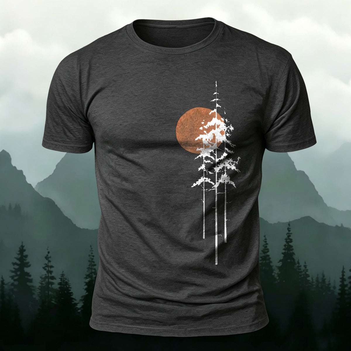 Retro Sunset Pine Tree Print Cotton T-Shirt