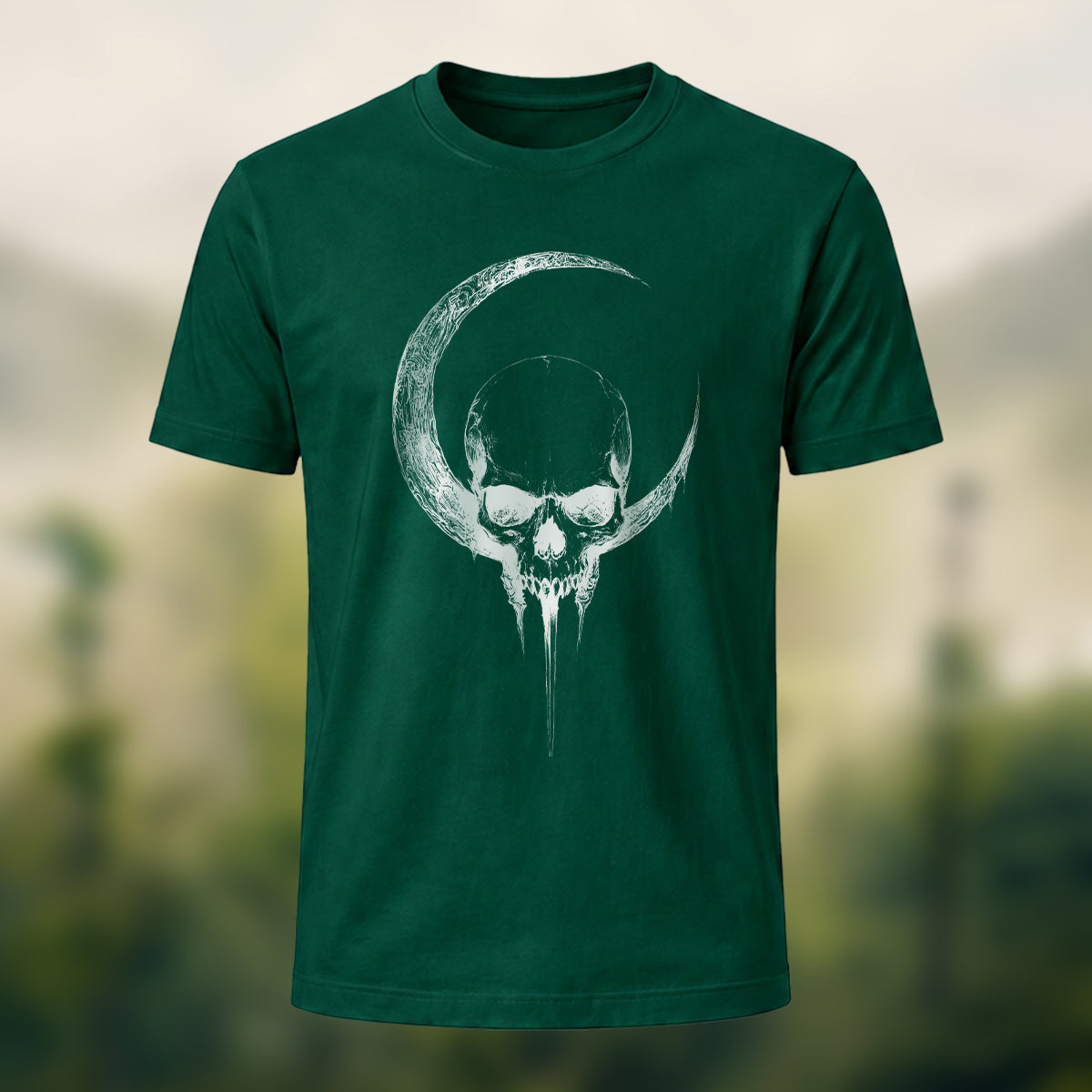 Crescent Moon Encircling Skull Print Soft Cotton Tee