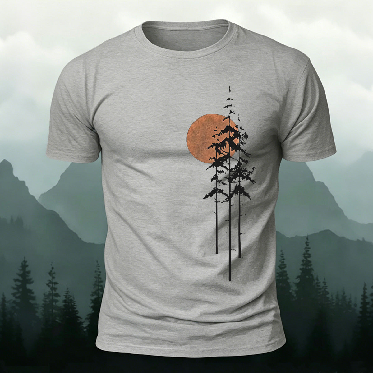 Retro Sunset Pine Tree Print Cotton T-Shirt