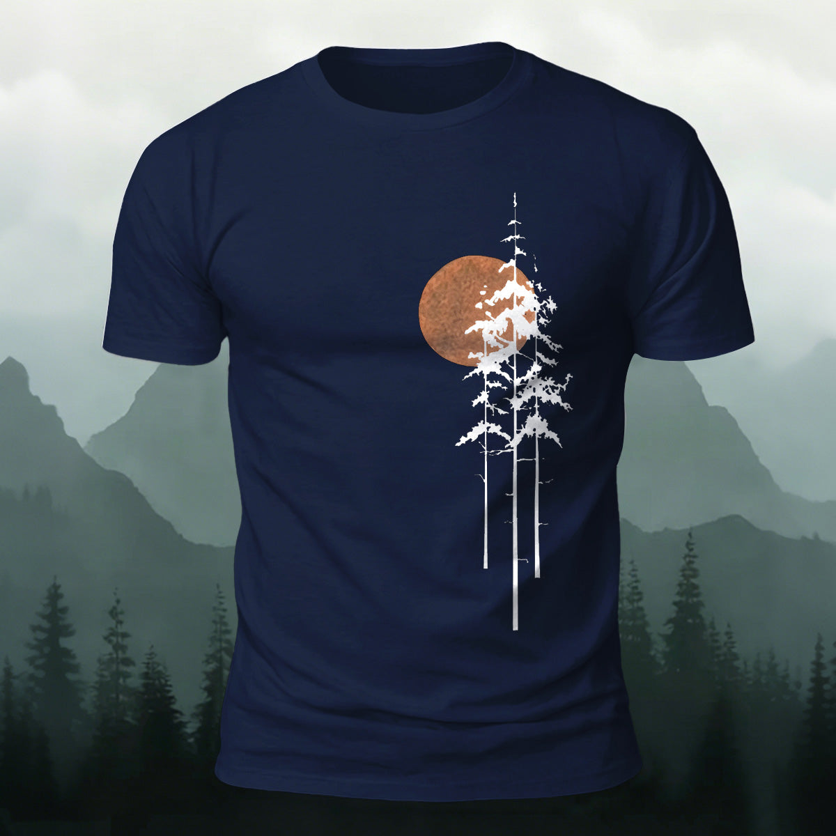 Retro Sunset Pine Tree Print Cotton T-Shirt