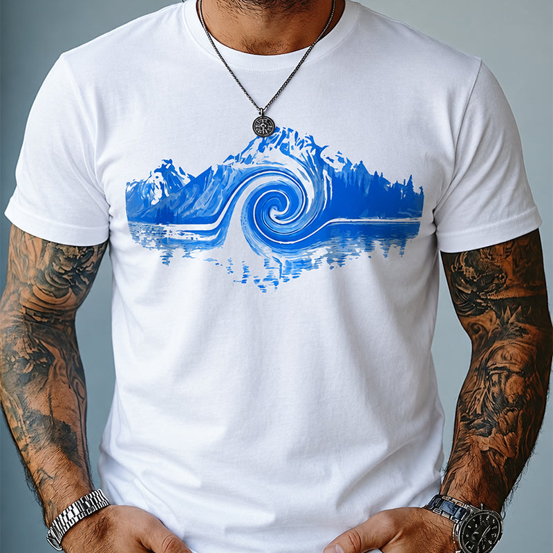 Mountain and Wave Print Combed Cotton Casual Tee