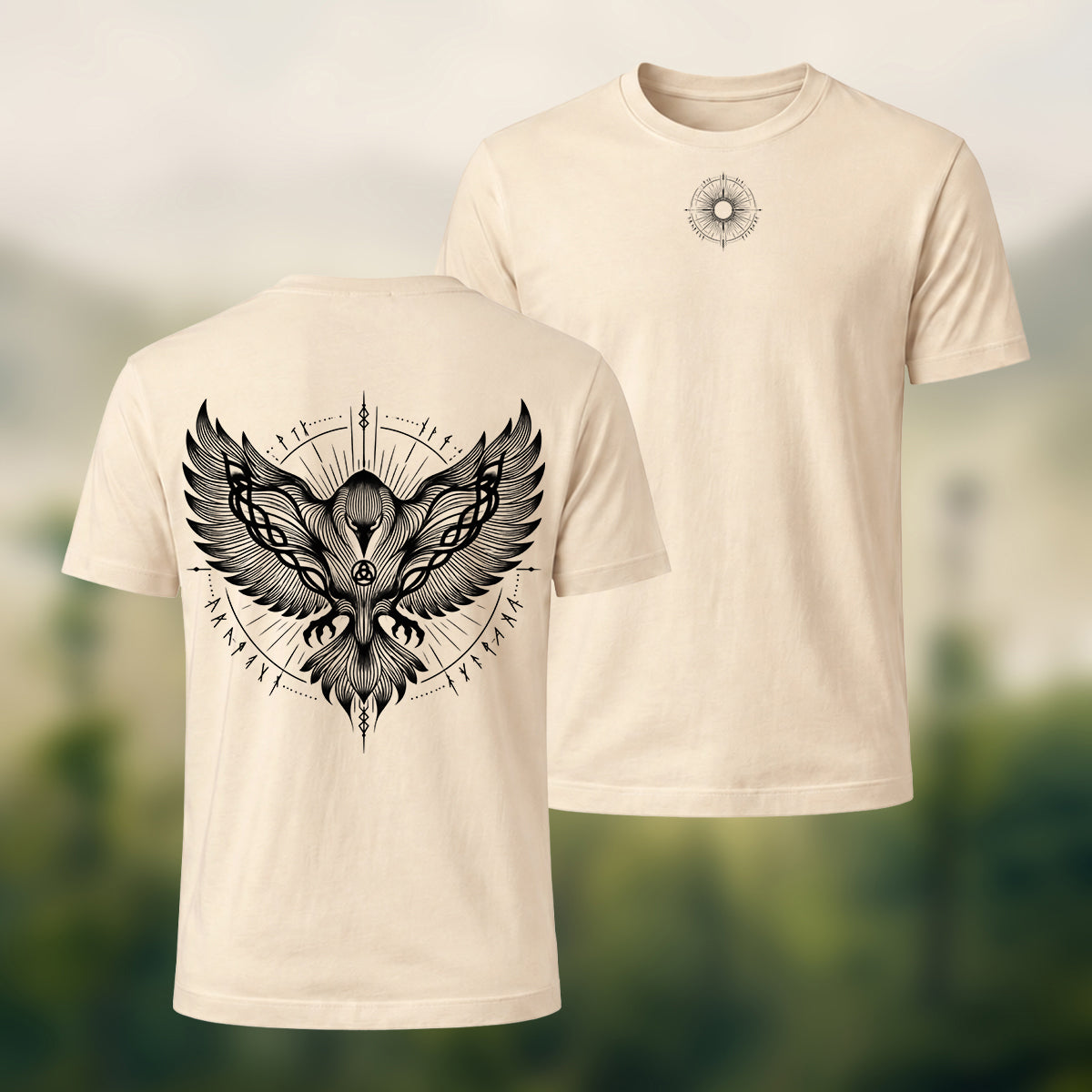 Viking Eagle Print Combed Cotton T-Shirt Beige