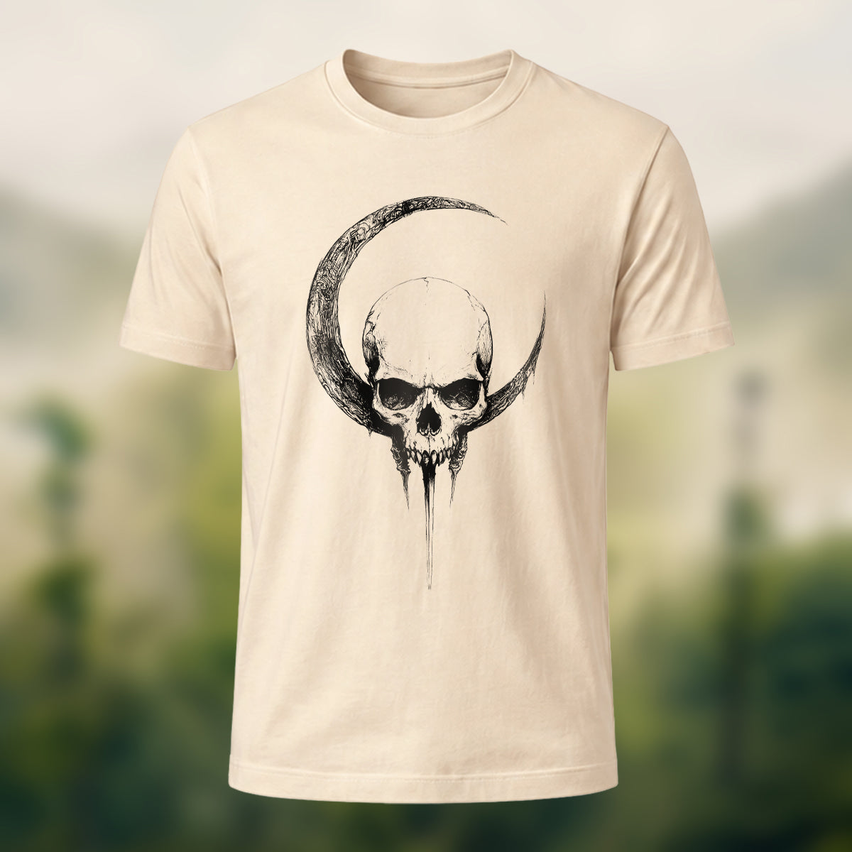 Crescent Moon Encircling Skull Print Soft Cotton Tee