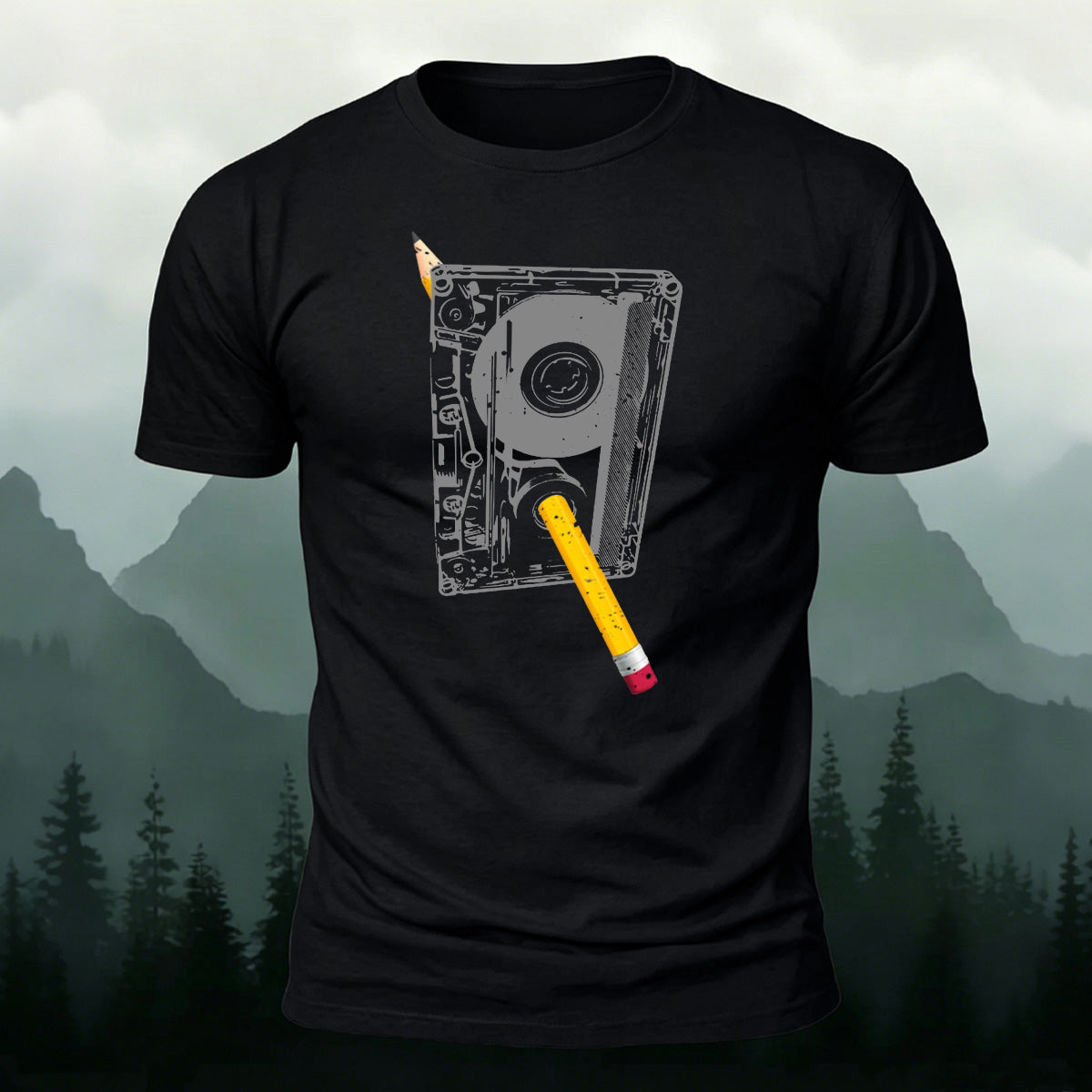 Tape Detail Yellow Pencil Print Soft Cotton T-Shirt