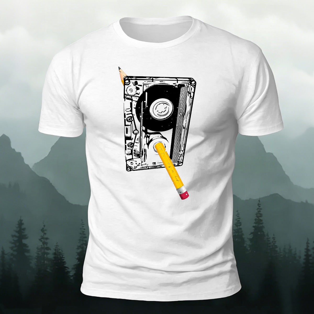 Tape Detail Yellow Pencil Print Soft Cotton T-Shirt
