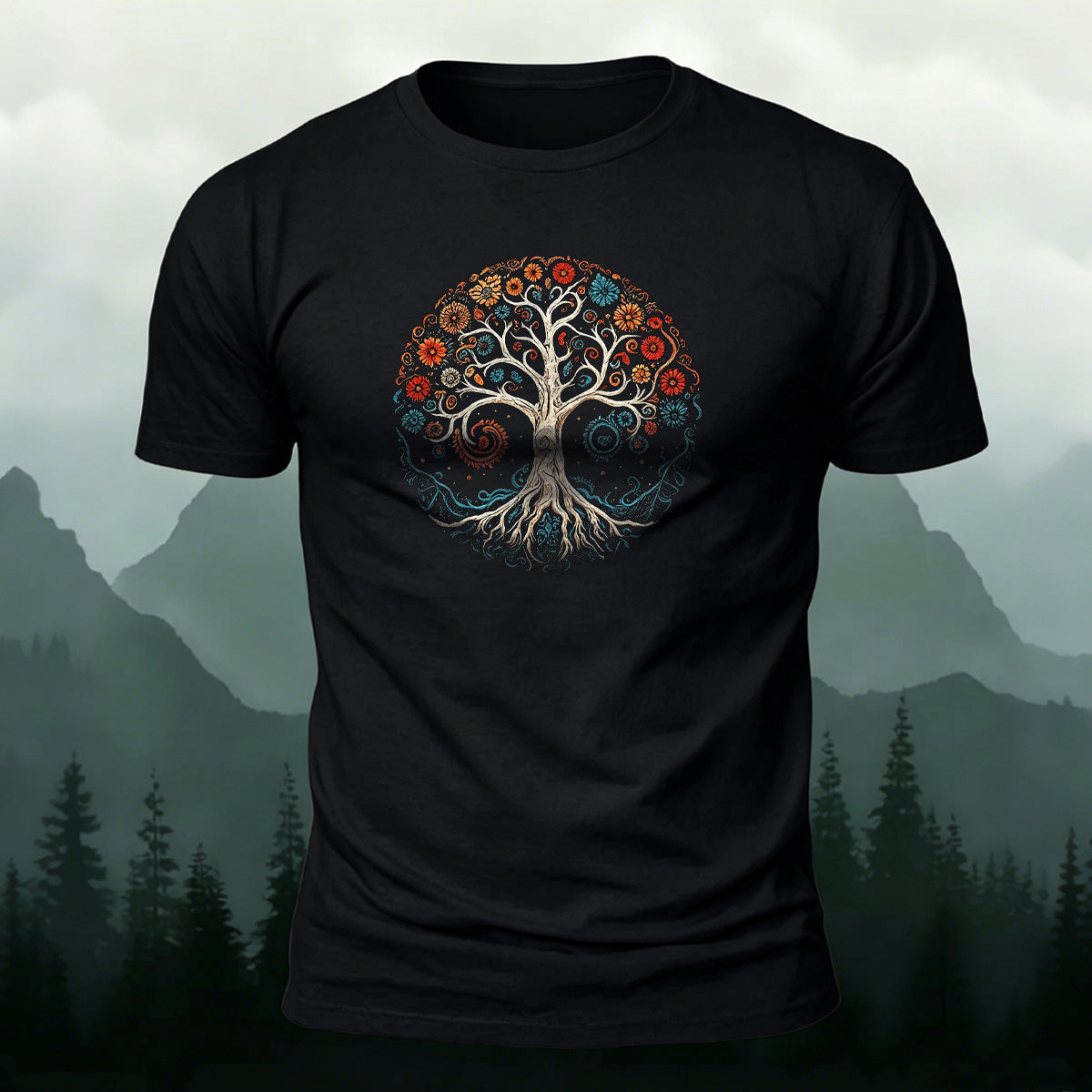 Floral Tree Print Combed Cotton Casual T-Shirt