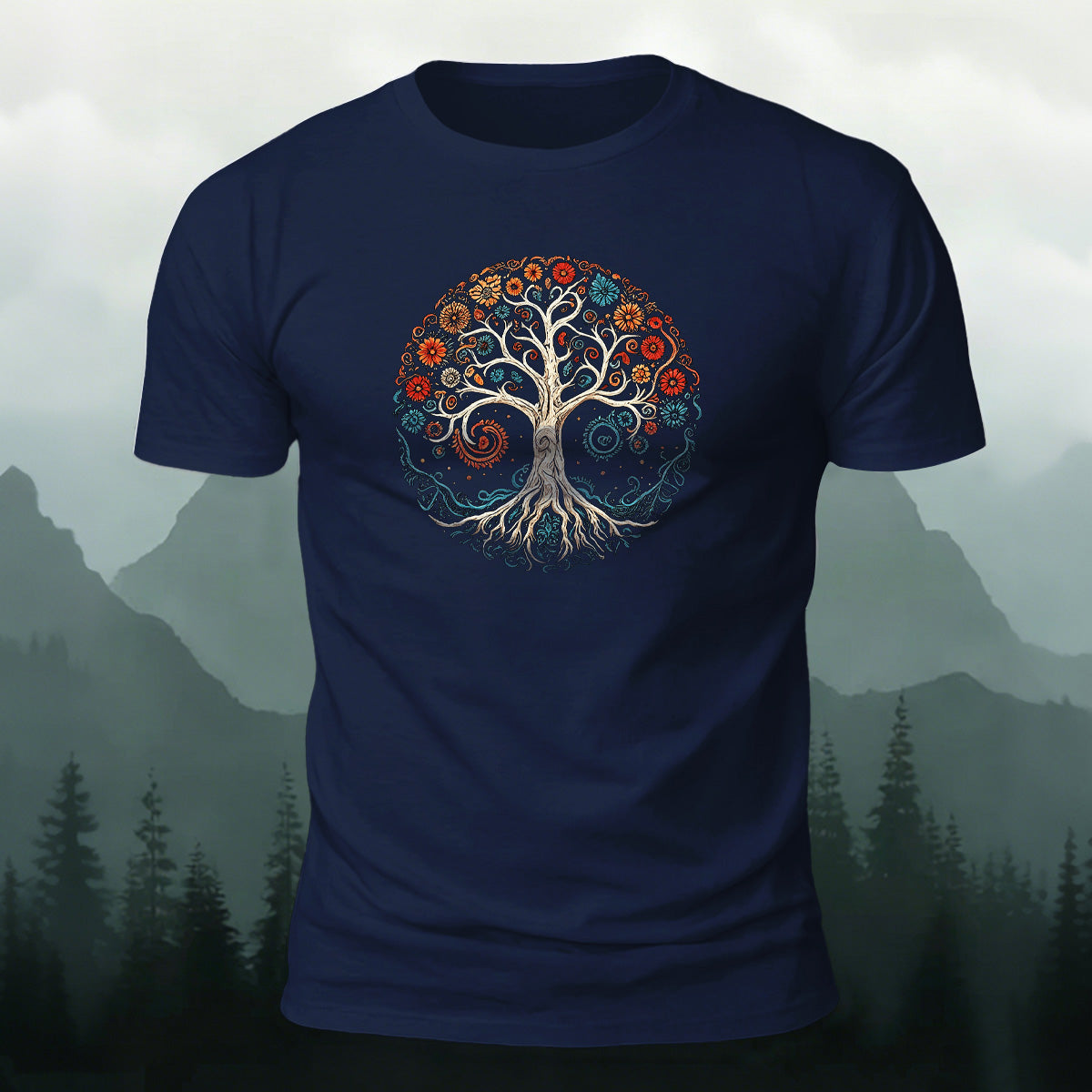 Floral Tree Print Combed Cotton Casual T-Shirt
