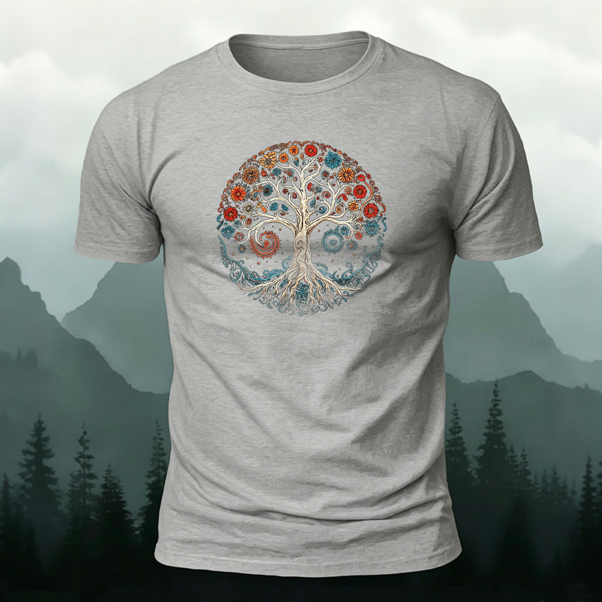 Floral Tree Print Combed Cotton Casual T-Shirt