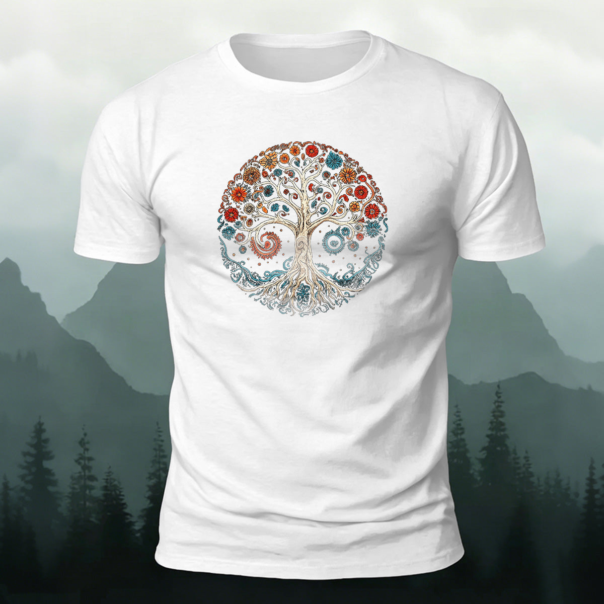Floral Tree Print Combed Cotton Casual T-Shirt