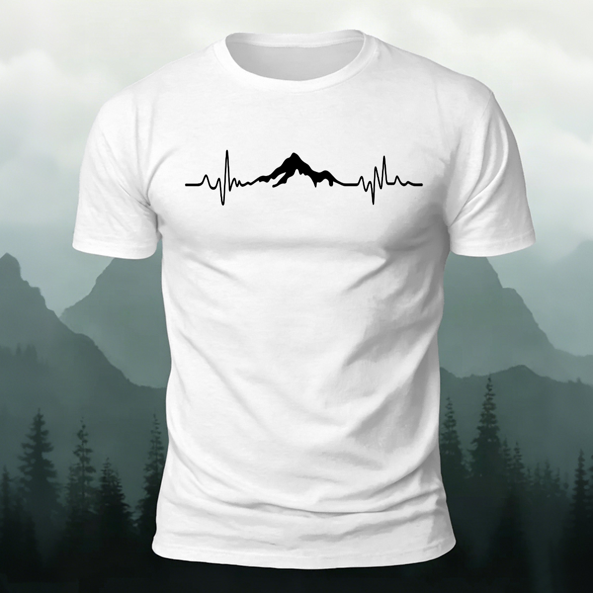 Mountains ECG Print Casual Cotton T-Shirt