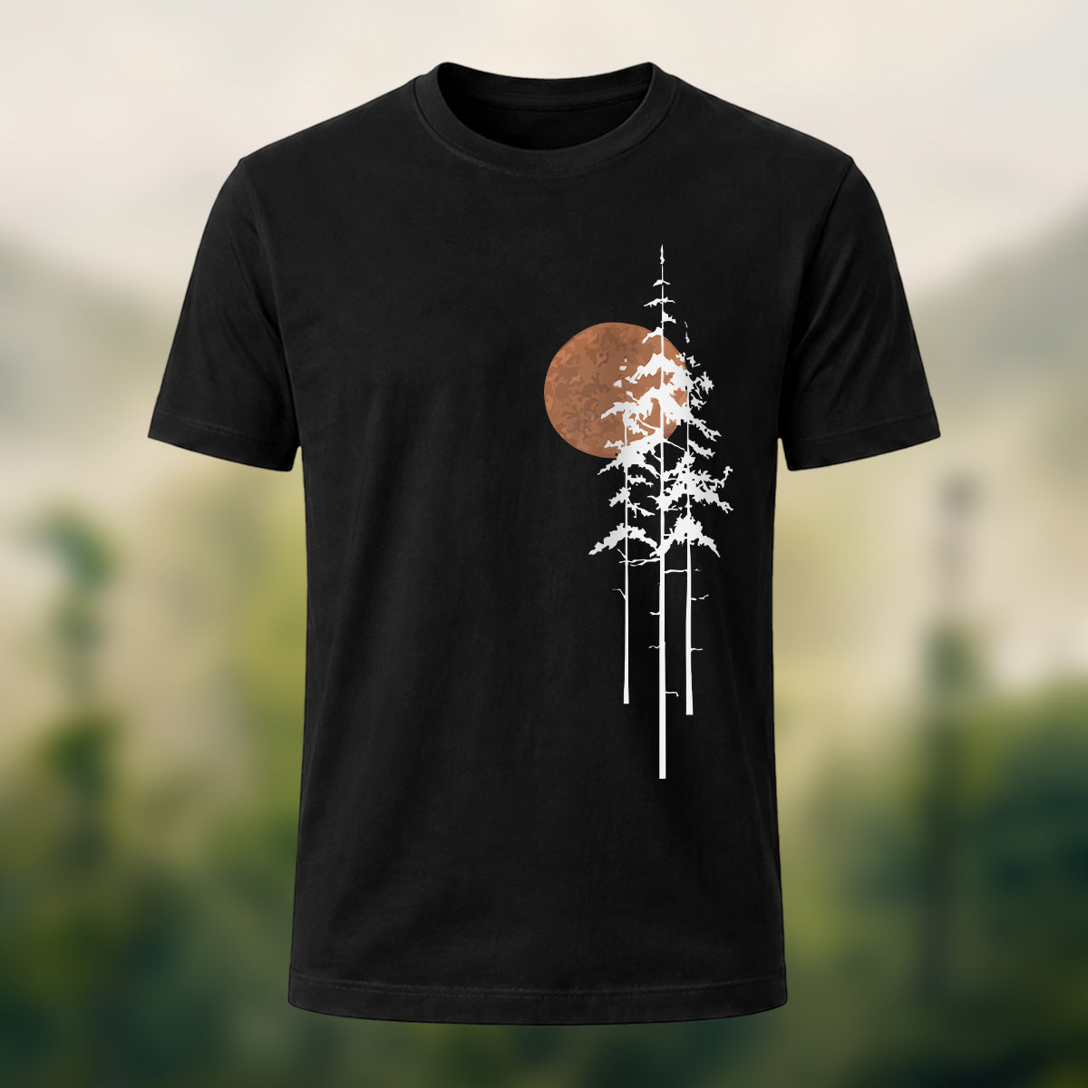 Retro Sunset Pine Tree Print Cotton T-Shirt