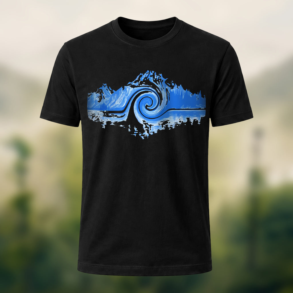 Mountain and Wave Print Combed Cotton Casual Tee