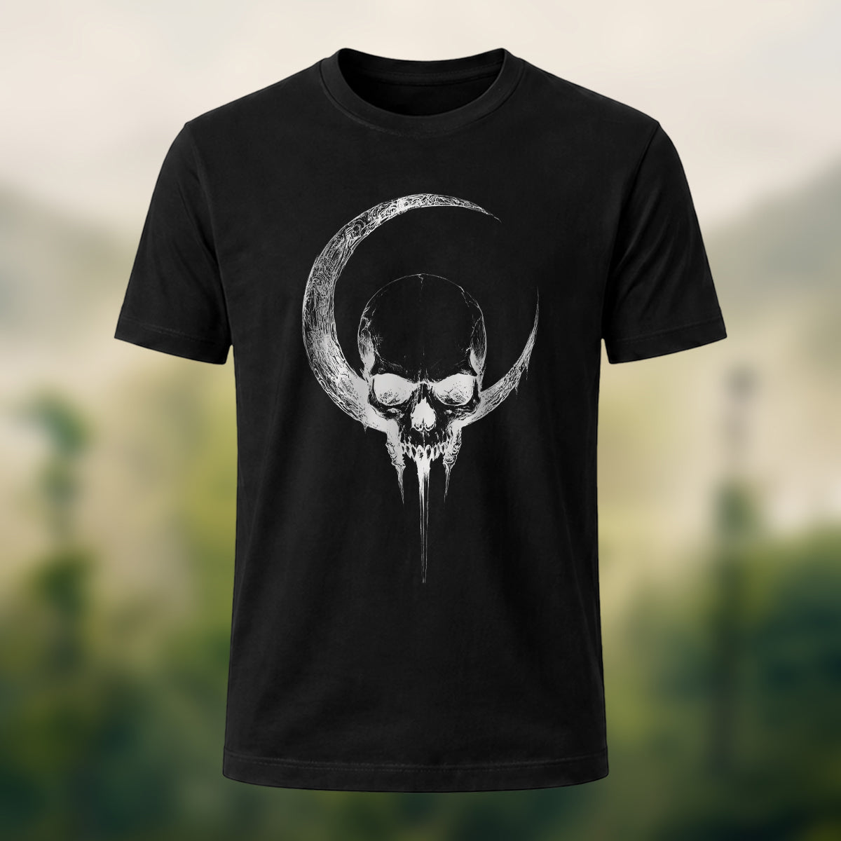Crescent Moon Encircling Skull Print Soft Cotton Tee
