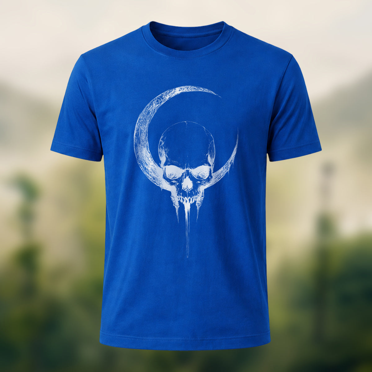 Crescent Moon Encircling Skull Print Soft Cotton Tee