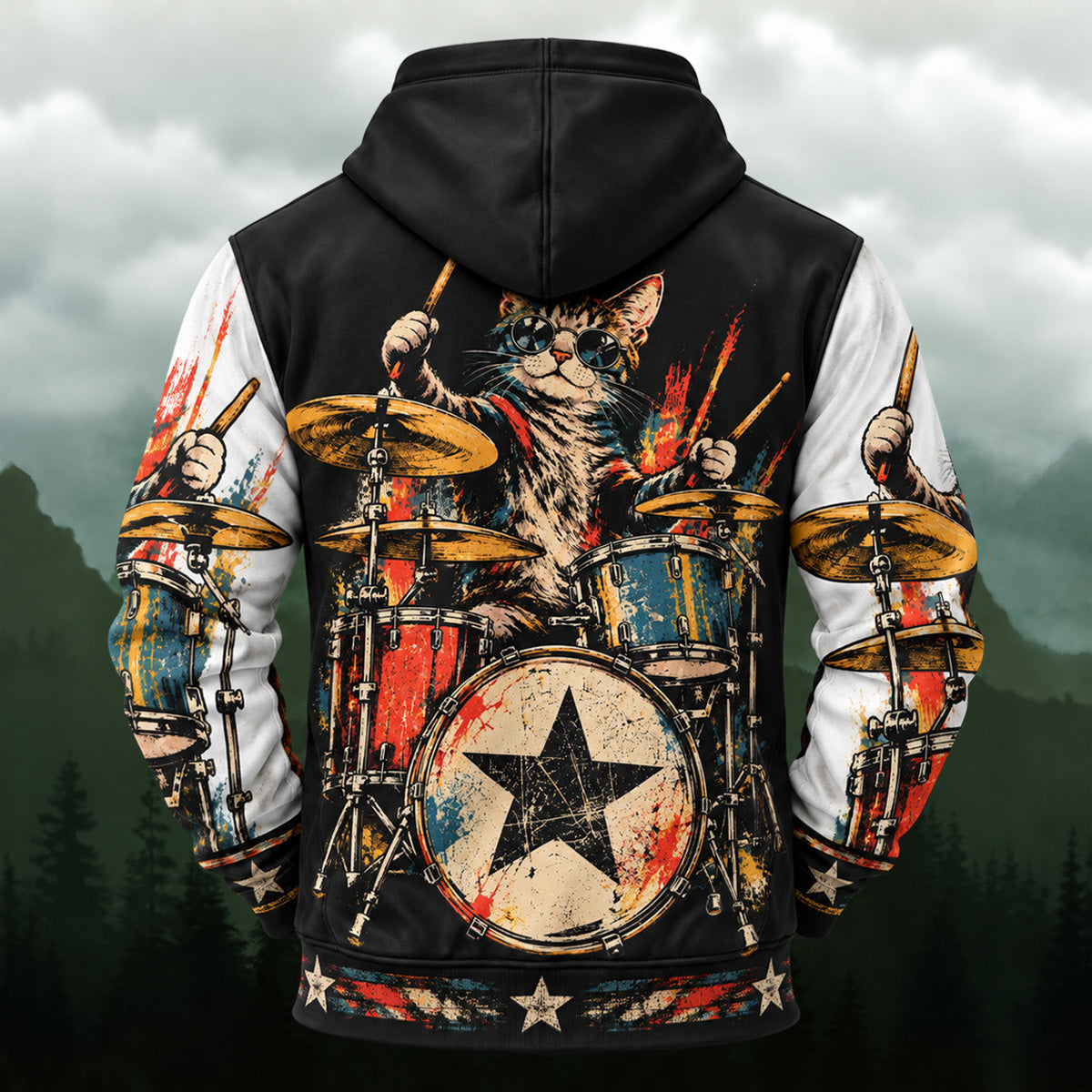 Retro Punk Drumming Cat All-Over Print Hoodie