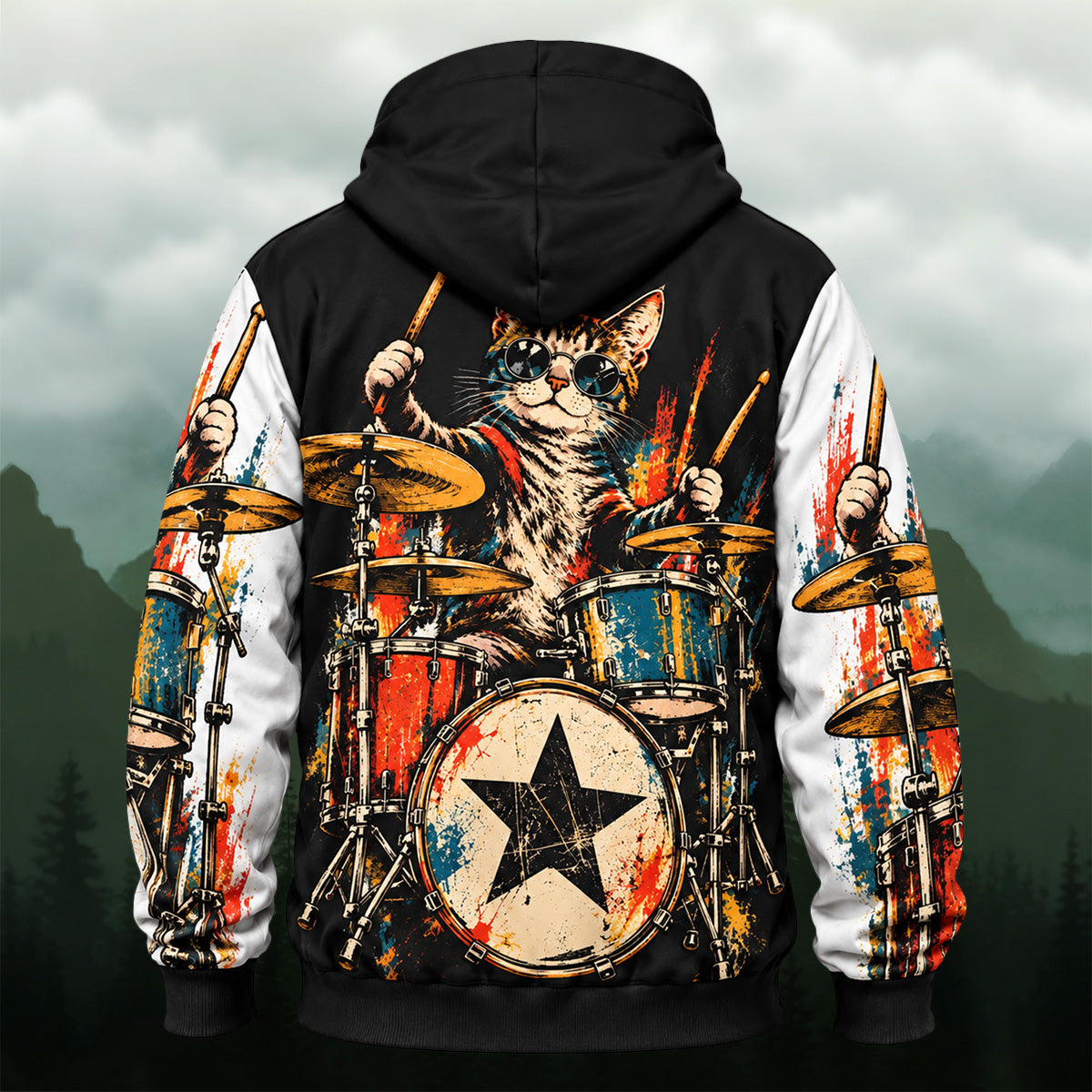Retro Punk Drumming Cat All-Over Print Hoodie